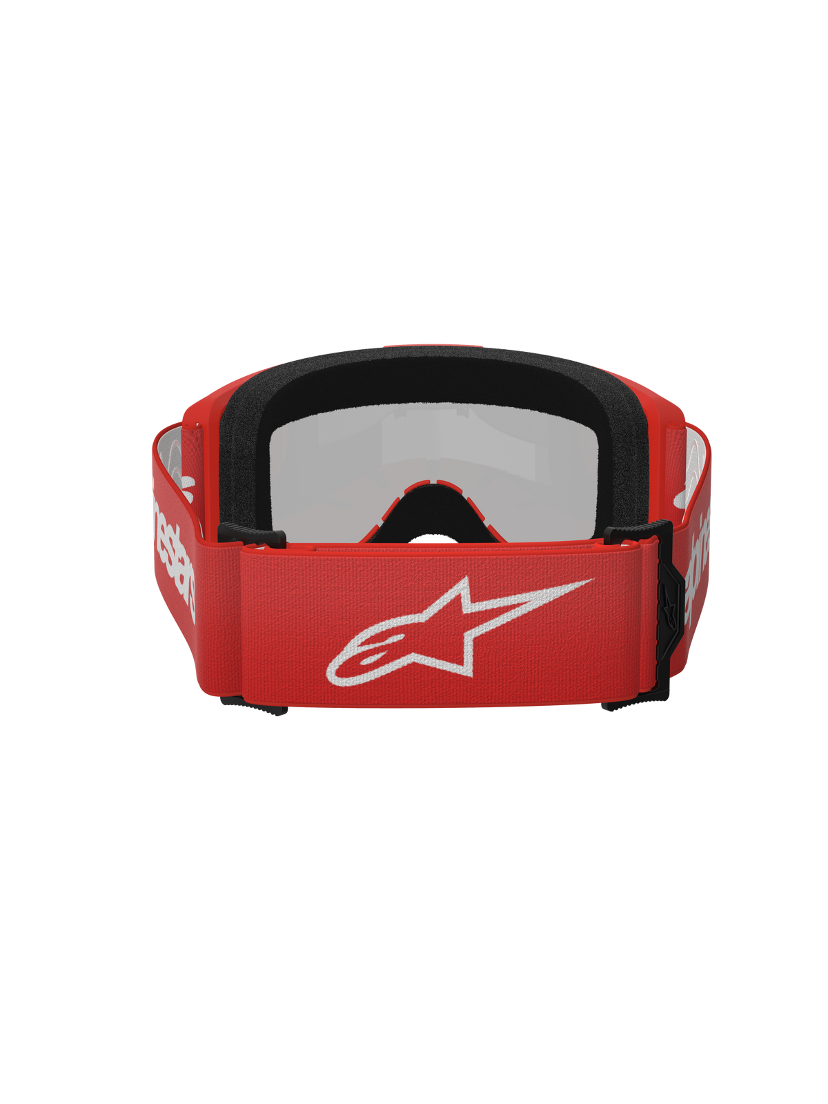 Alpinestars Vision 3 Wordmark Goggles, Motocross-Brille, Rot Mirror Silber, Rückansicht mit rotem gewebtem Band und weißem Alpinestars-Logo, schwarzer EO15-Gesichtsschaum, verstellbare Passform für Offroad-Performance