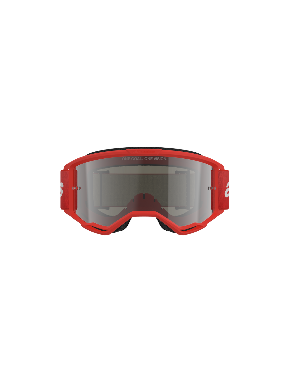 Alpinestars Vision 3 Wordmark Goggles, Motocross-Brille, roter Rahmen mit Silver Mirror-Linse, Vorderansicht mit dem Schriftzug „ONE GOAL. ONE VISION.“ auf der Linse und einem breiten roten Band