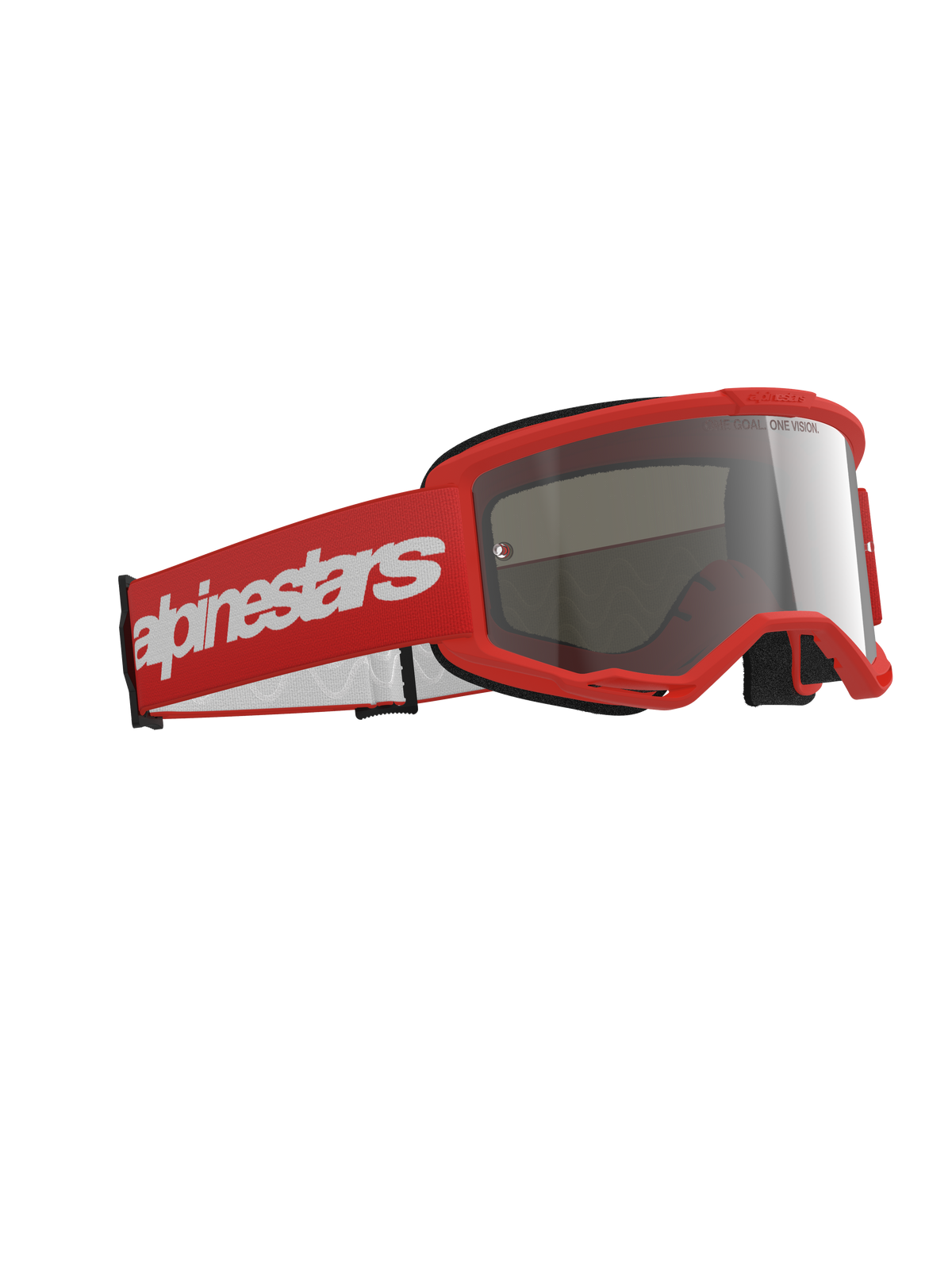 Alpinestars Vision 3 Wordmark Brille, Motocross-Brille, roter Rahmen mit passendem rotem Band und großem weißen Wordmark-Logo, silber verspiegelte Linse, entwickelt für Offroad- und Motocross-Rennsport