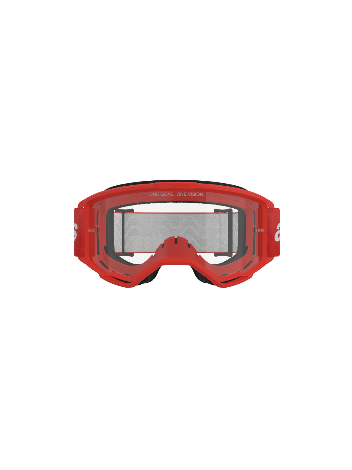 Alpinestars Vision 3 Wordmark Goggles, Motocross Goggles, Red frame and clear lens, red woven strap with white branding, 'ONE GOAL. ONE VISION.' text on the lens, front-facing studio shot on black background