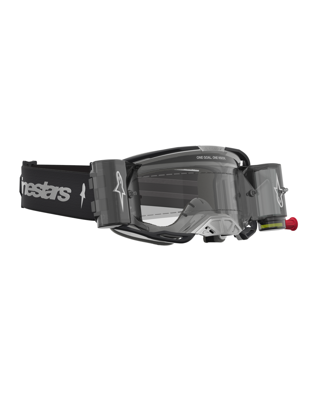 Alpinestars Vision 8 Amber Roll-Off Motocross-Schutzbrille in Schwarz und Silber mit Roll-Off-System und klarer Scheibe.