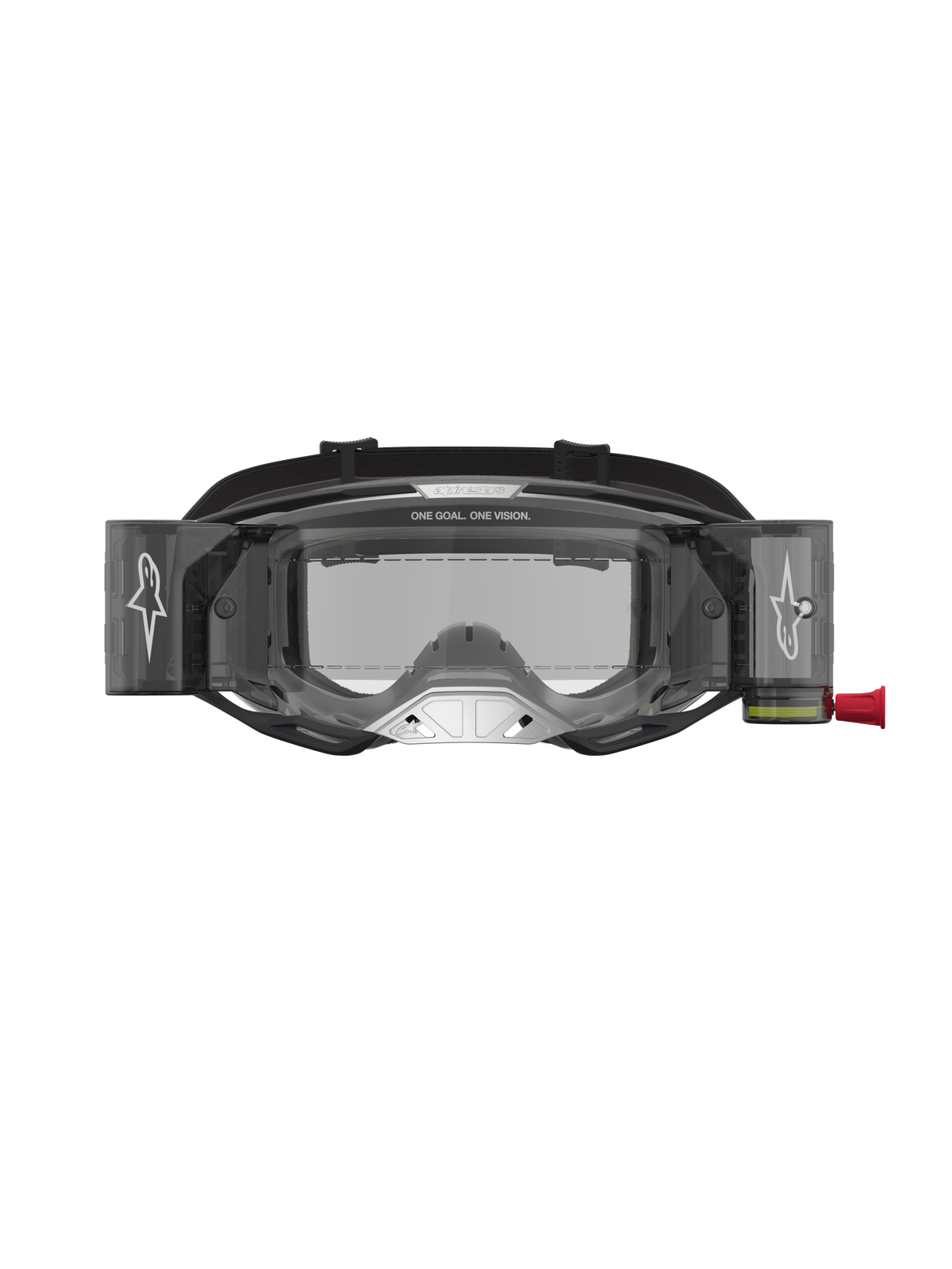 Alpinestars Vision 8 Amber Roll-Off Schutzbrille, Motocross-Brille in Schwarz und Silber, integriertes Roll-Off-System und klare Scheibe.
