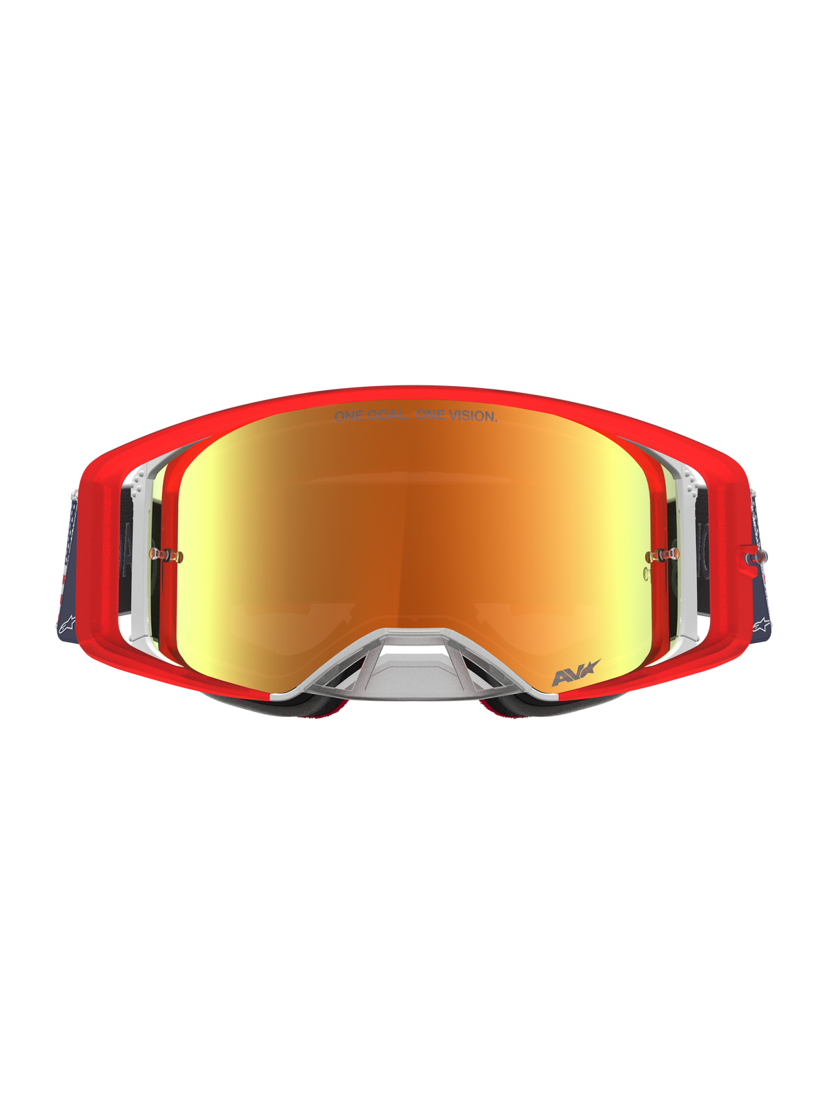 Alpinestars Supertech Limited Edition Fiftyfold Schutzbrille, rot-blaue Motocross-Brille mit verspiegelten roten Gläsern.