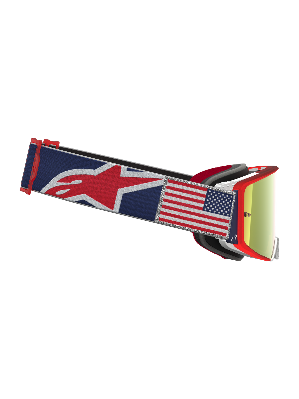 Alpinestars Supertech LE Fiftyfold Motocross-Schutzbrille, Blau und Rot, mit verspiegelter Scheibe und USA-Flaggen-Patch auf dem Band.