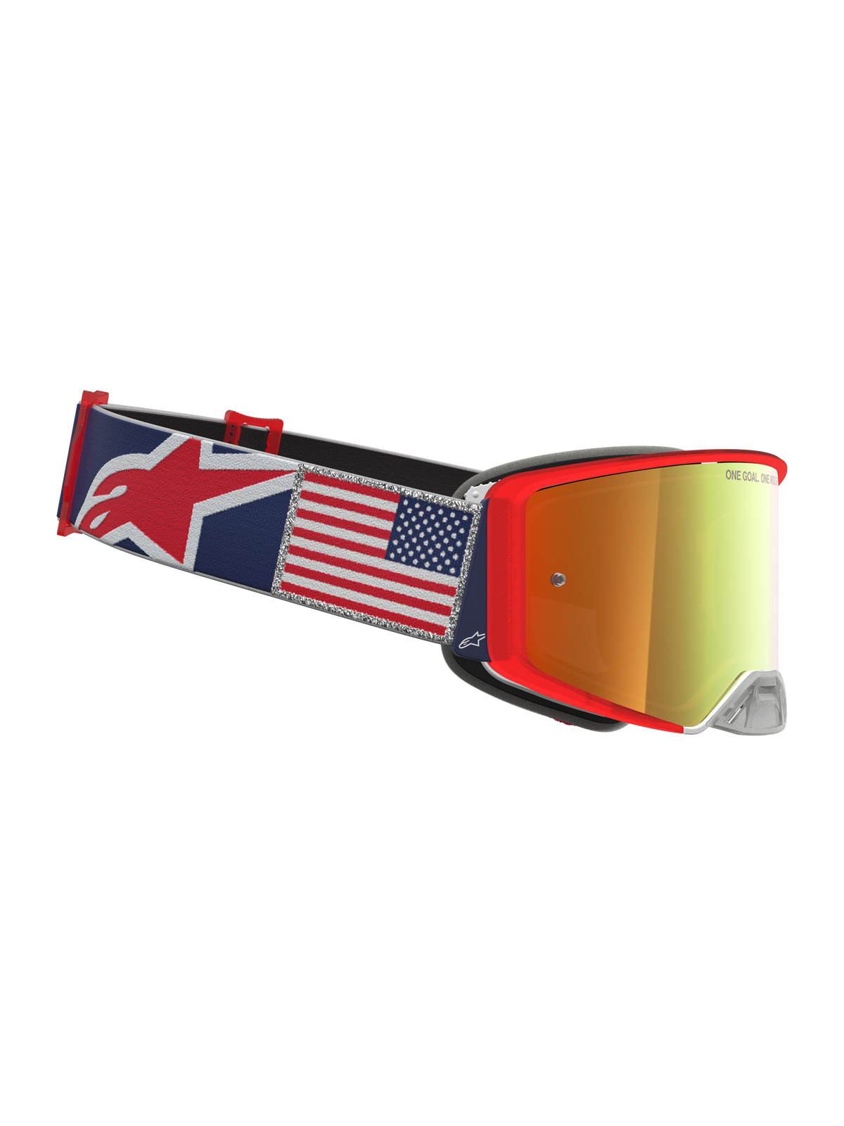 Alpinestars Supertech Fiftyfold Schutzbrille, Motocross-Brille in Blau und Rot, Band mit US-Flaggen-Grafik und Astars-Logo, gold verspiegeltes Visier.