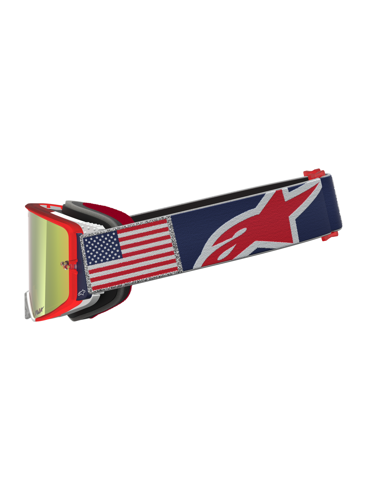 Alpinestars Limited Edition Supertech Fiftyfold Motocross-Schutzbrille, roter Rahmen, blaues US-Flaggen-Gurtband, verspiegelte Gläser.