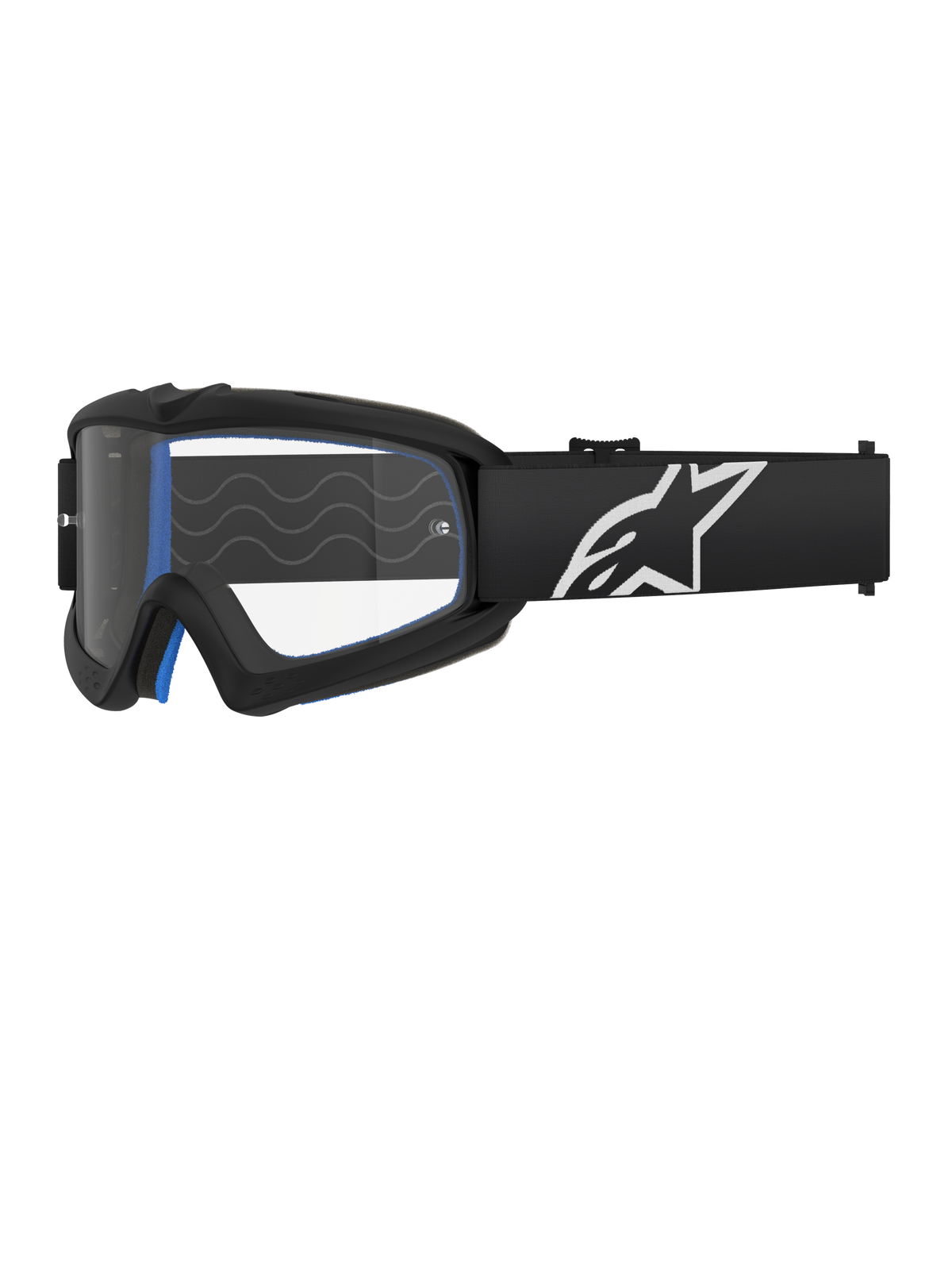 Alpinestars Vision Youth Corp Schutzbrille, Jugend-Motocross-Brille, Schwarz mit blauer Polsterung, klares Glas mit Wellenmuster, schwarzes Band mit weißem Stern-Logo, modernes Design