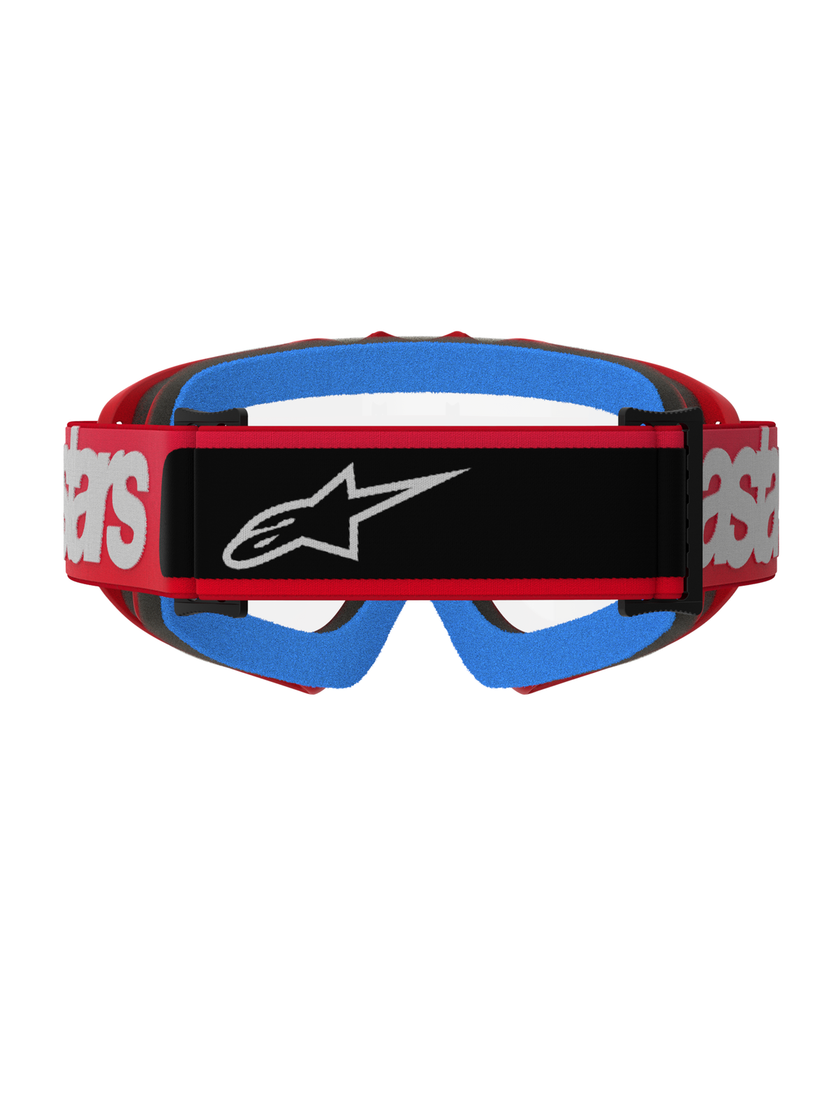 Alpinestars Vision Youth Blaze Goggles, Rot und Klar, Rückansicht mit rotem gewebtem Band, schwarzem Logo-Patch und weißem Branding, leuchtend blauer Gesichtsschaum, klare Anti-Beschlag-Scheibe, konzipiert für Jugend-Motocross-Rennsport