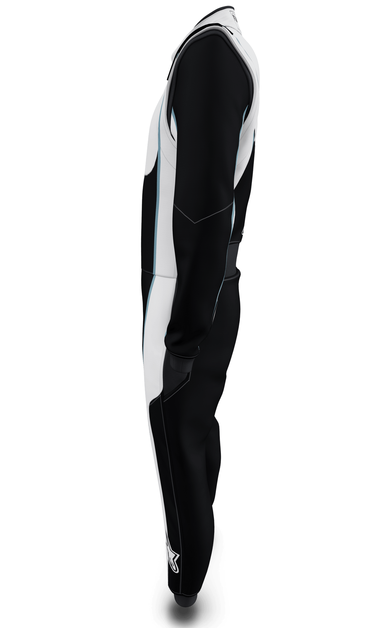 Alpinestars Tech Vision V3 Custom Suit, side profile black and white FIA auto racing suit, fire-retardant Nomex construction.