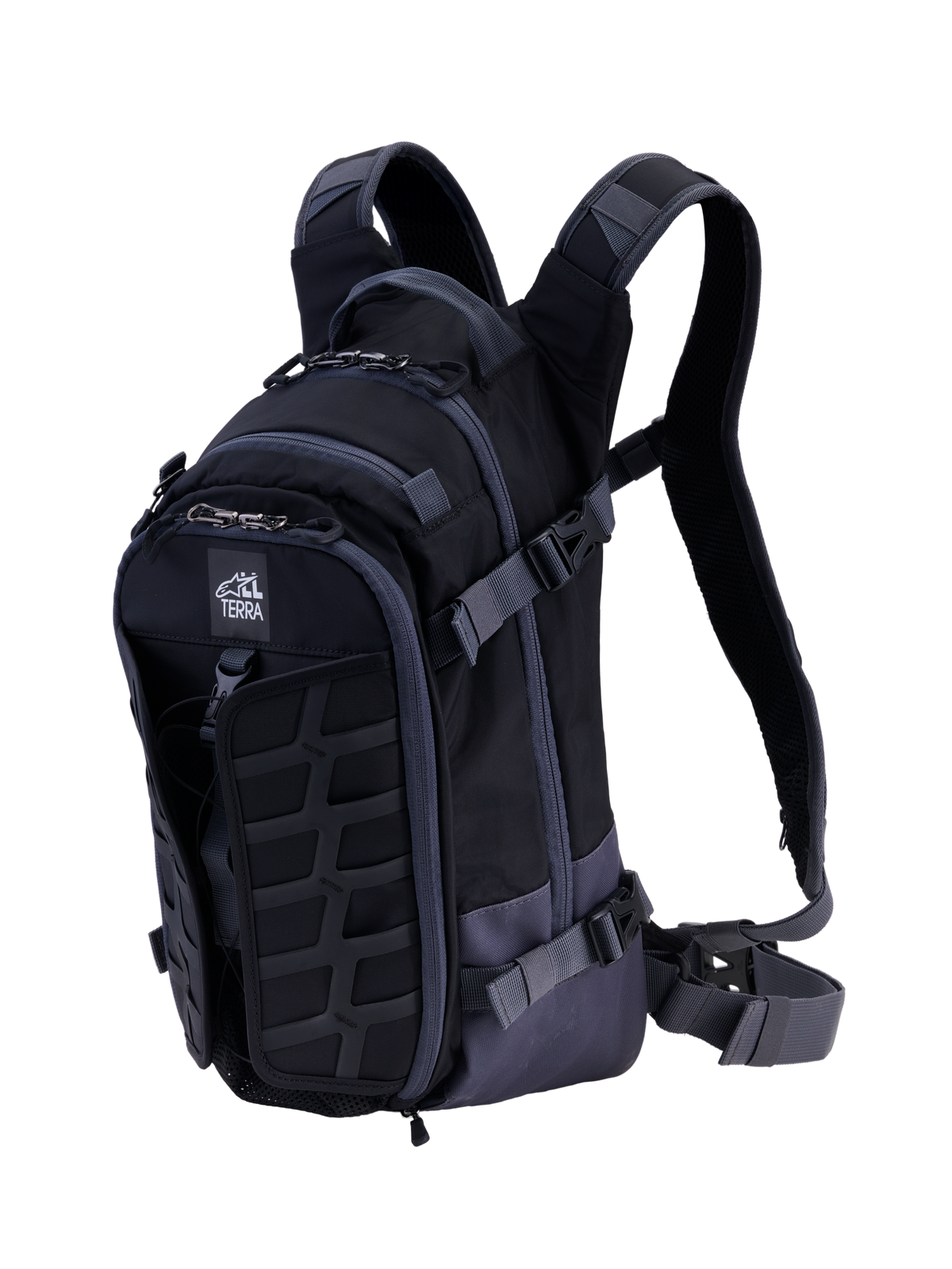 Alpinestars AT-15 Rucksack, technischer Motorrad-Rucksack, Schwarz und Dunkelgrau, mit robustem MOLLE-Panel an der Vorderseite, verstellbaren Kompressionsriemen, gepolsterten Schultergurten mit magnetischem Brustverschluss und All Terra Logo, konzipiert für Adventure- und Offroad-Fahrten