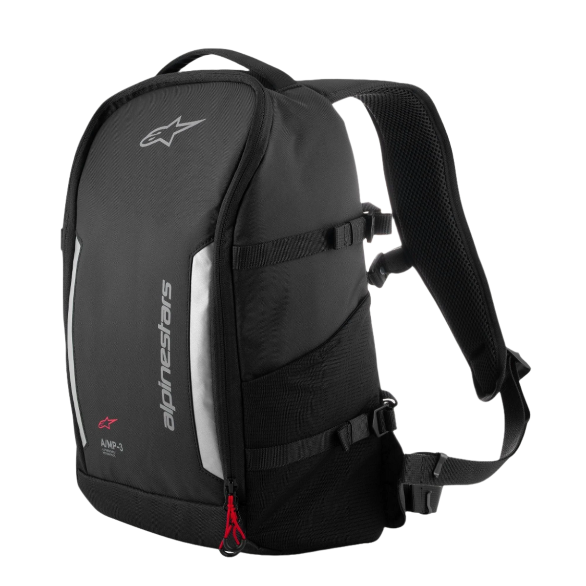 Alpinestars AMP3 Rucksack, technischer Motorradrucksack, Schwarz, mit grauen reflektierenden Einsätzen und vertikalem Alpinestars-Branding, rotem Reißverschluss-Akzent, seitlichen Kompressionsriemen und Netztasche, 17 Liter Fassungsvermögen für Straßen- und Stadtfahrten