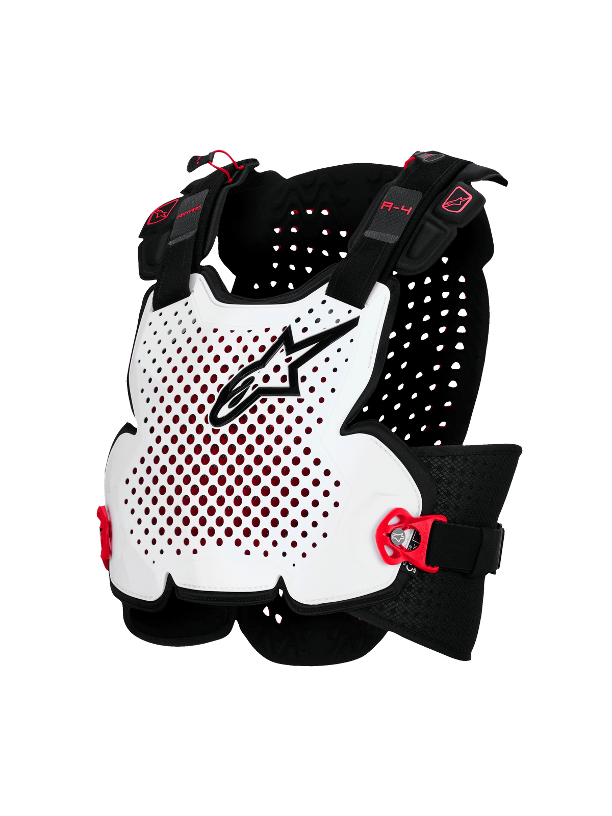 Alpinestars A-4 Plasma Brustpanzer, Motorrad-Schutzausrüstung, Weiß mit schwarzen und roten Akzenten, Belüftetes Hartschalen-Design, Verstellbare Seitengurte, Leichter Offroad-Schutz