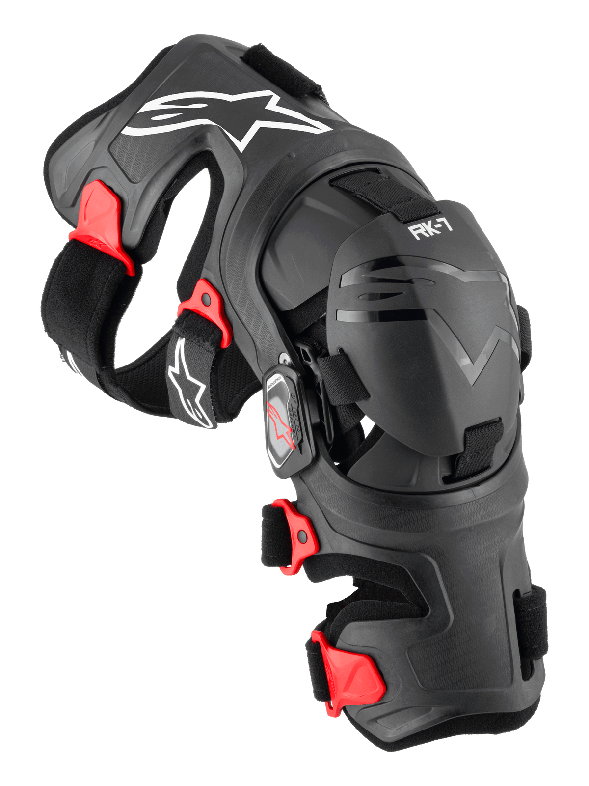 Alpinestars RK-7 Plasma Knieorthese, Motocross-Knieschützer, Schwarz mit roten Akzenten und weißen Logos, ergonomischer faserverstärkter Rahmen mit verstellbaren Riemen und Vier-Punkt-Scharniersystem, robuste Offroad-Schutzausrüstung
