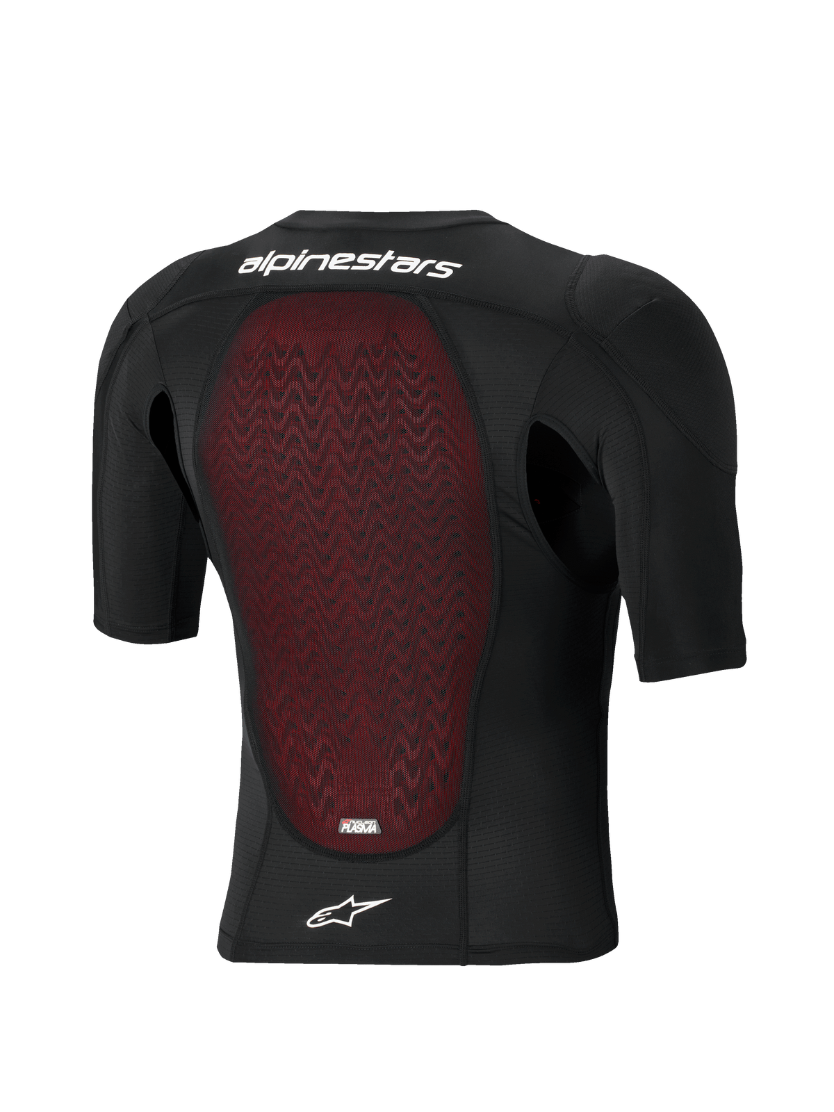 Alpinestars Bionic Plasma LT Schutzjacke – Kurzarm, Rückansicht, schwarze atmungsaktive Mesh-Konstruktion mit rotem, texturiertem Nucleon PLASMA Rückenprotektor, weißer Alpinestars-Schriftzug und Stern-Logo, Offroad- und Motocross-Schutzausrüstung