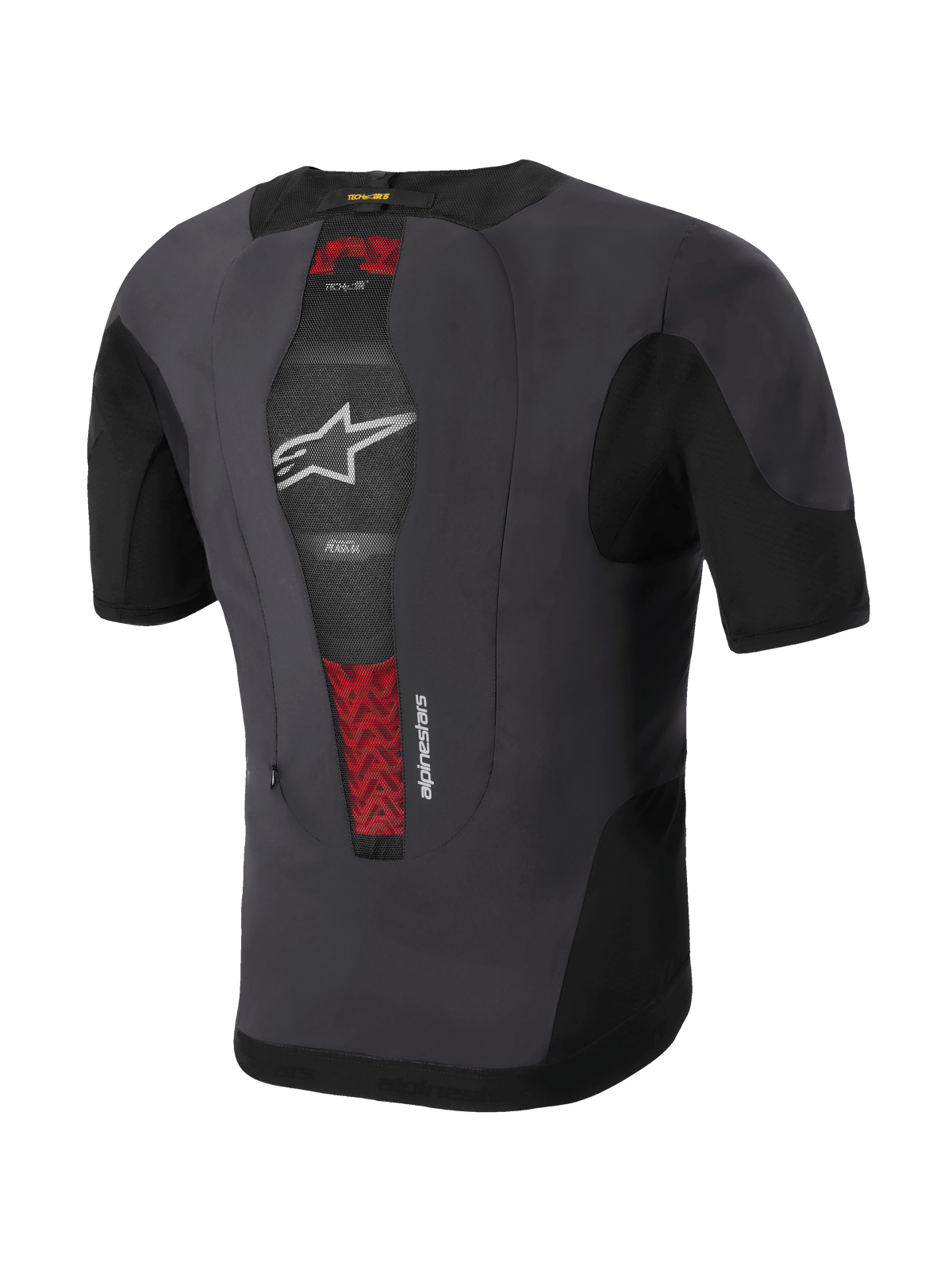 Alpinestars Tech-Air® 5 Plasma System, Motorrad-Airbag-Weste, Rückansicht, Schwarz und Dunkelgrau, mit integriertem PLASMA-Rückenprotektor sichtbar durch zentrales Mesh-Gewebe mit roten Details, weißes Stern-Logo, schlankes und atmungsaktives Design zum Tragen unter der Jacke