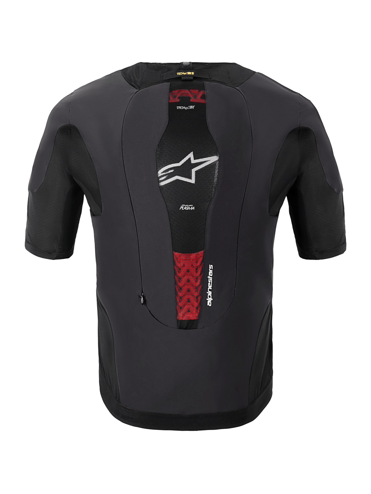 Alpinestars Tech-Air® 5 Plasma System, Motorrad-Airbag-System, Rückansicht, Schwarz, mit zentralem Mesh-Einsatz, weißem Stern-Logo und roten Akzenten des internen PLASMA-Rückenprotektors, schmal geschnittenes kurzärmeliges Design für Schutz unter der Jacke