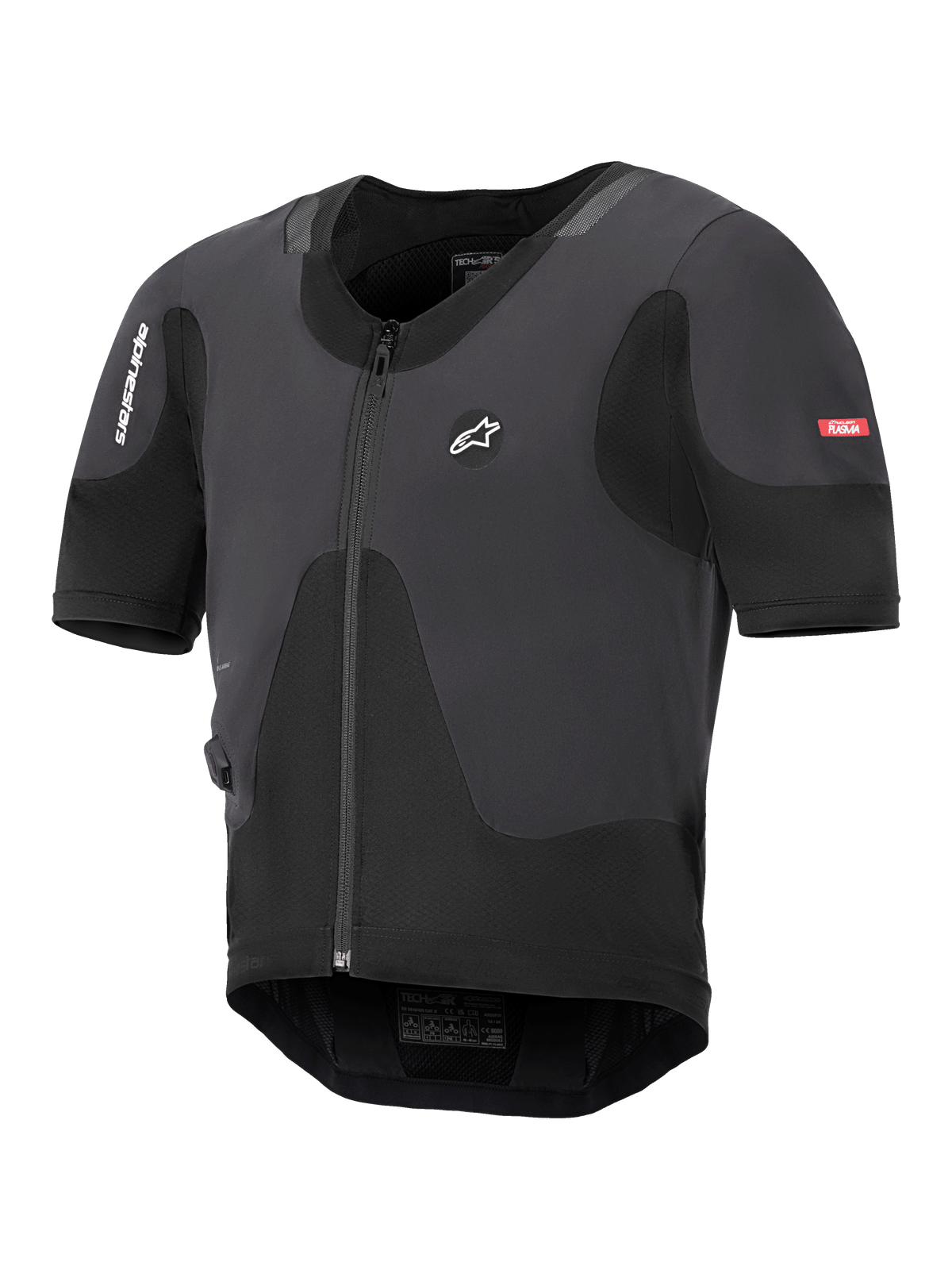 Alpinestars Tech-Air 5 Plasma System, schwarze Motorrad-Airbag-Weste, schlankes Profil mit Frontreißverschluss und kurzen Ärmeln, mit atmungsaktiven Mesh-Einsätzen und Alpinestars-Branding, für den Schutz unter der Jacke konzipiert
