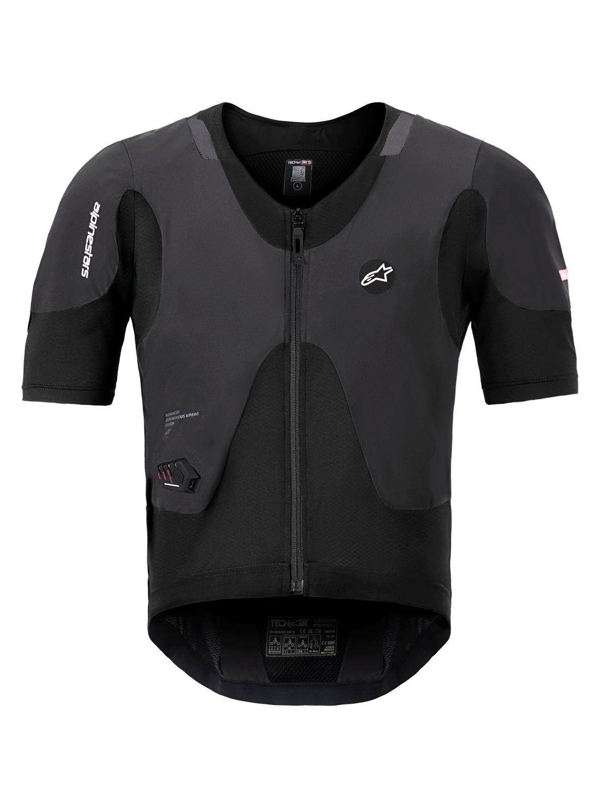 Alpinestars Tech-Air 5 Plasma System, schwarze Airbag-Weste, Vorderansicht mit kurzen Ärmeln und zentralem Reißverschluss, mit Alpinestars-Branding und integrierter LED-Statusanzeige, ultraschlanke Schutzunterbekleidung für Motorradsicherheit