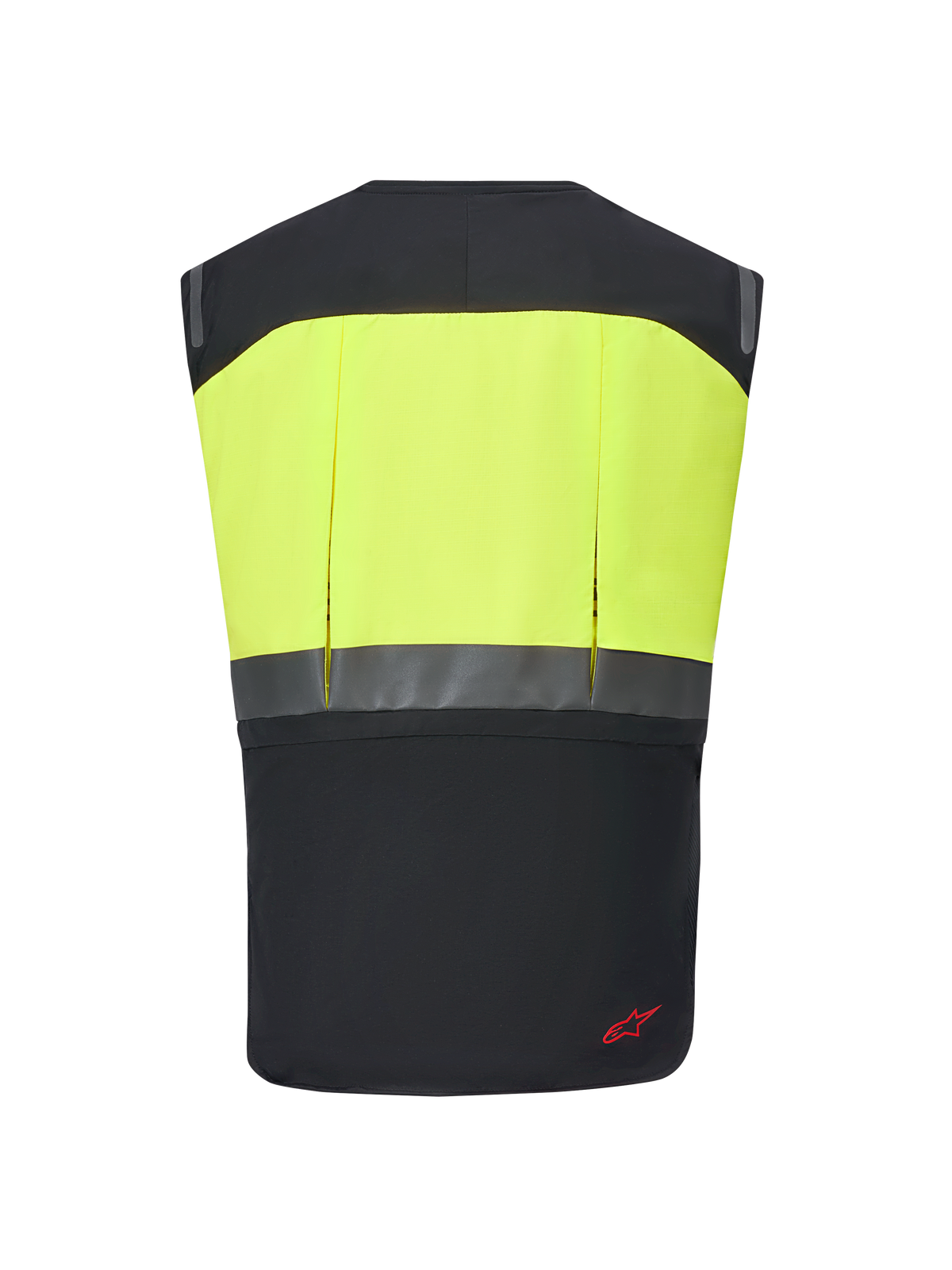 Alpinestars Tech-Air® 3 V2 System, Motorrad-Airbag-Weste, Schwarz und Neongelb, Rückansicht mit neongelbem Oberbereich und reflektierendem horizontalem Streifen, schlanke und leichte Schutzausrüstung für Touren und Pendelfahrten