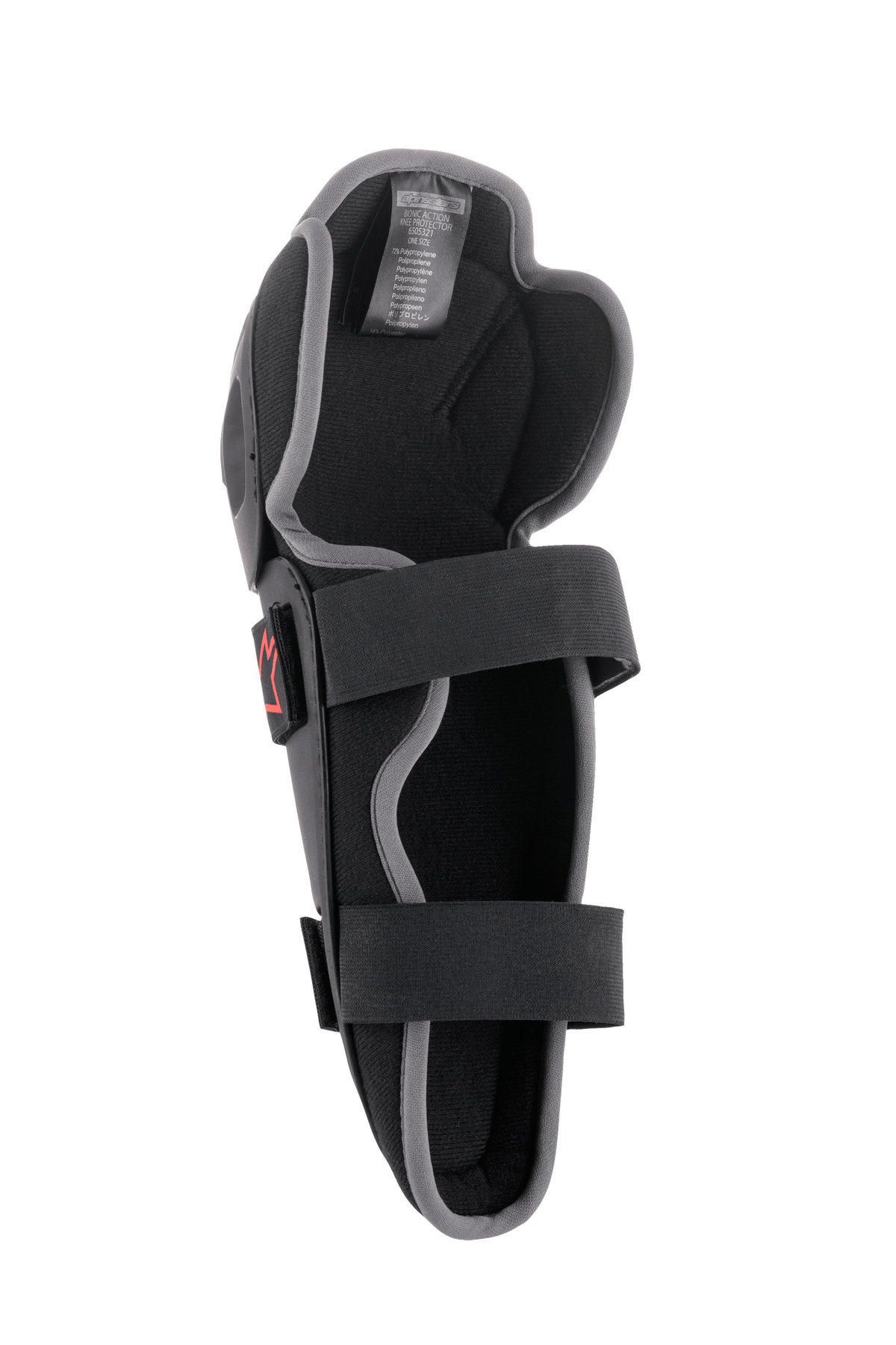 Alpinestars Bionic Action Knieschutz, Motocross-Knieprotektor, Schwarz und Grau, Innenansicht mit dualem elastischem Gurtsystem, Schaumstoffpolsterung und ergonomischem asymmetrischem Design für den Offroad-Einsatz