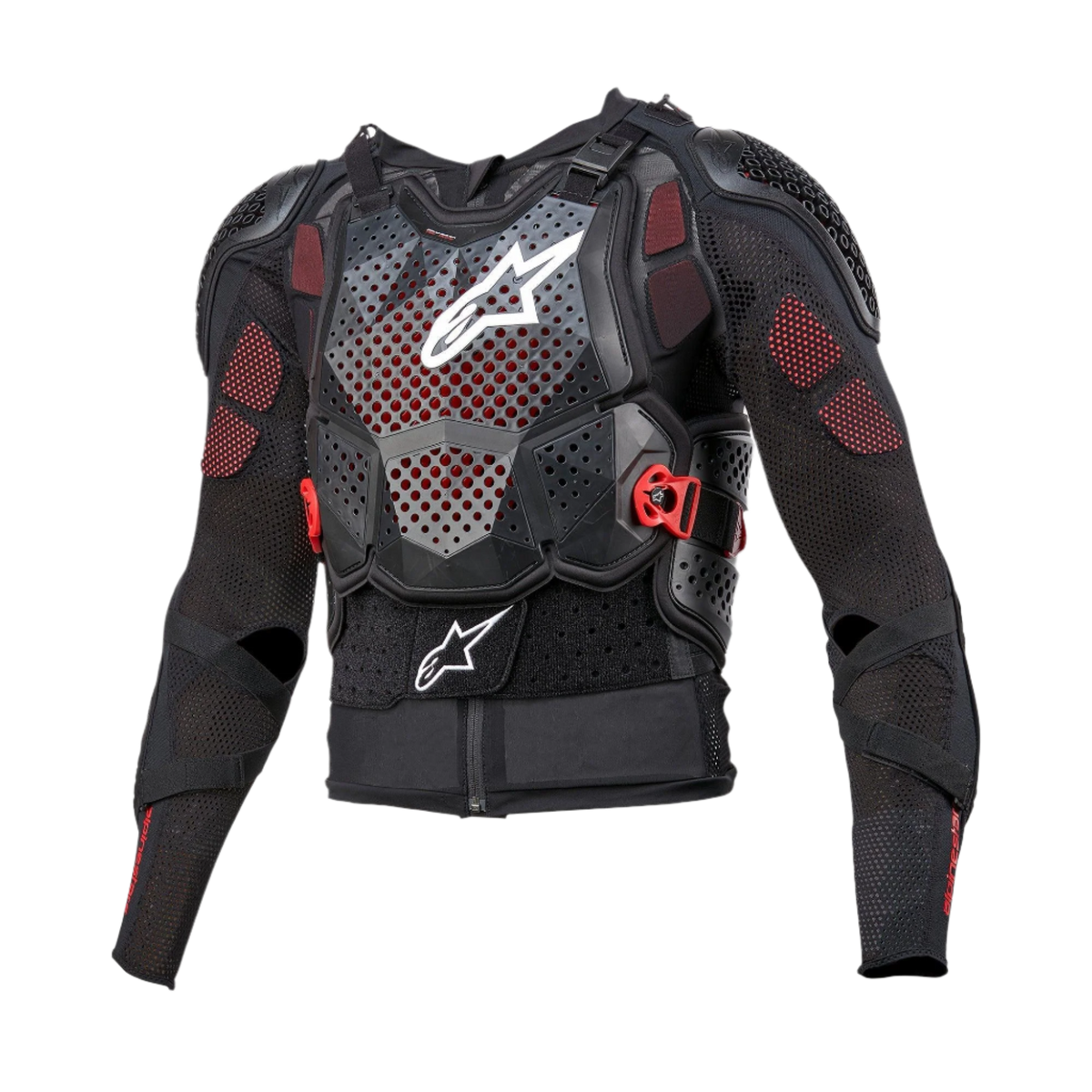Alpinestars Bionic Tech V3 Schutzjacke, Motorrad-Schutzjacke, Schwarz mit weißen und roten Akzenten, perforierter Brustprotektor mit weißem Stern-Logo, verstellbare rote Schnallen, integrierte Schulter- und Ellbogenprotektoren, atmungsaktive Mesh-Basisschicht