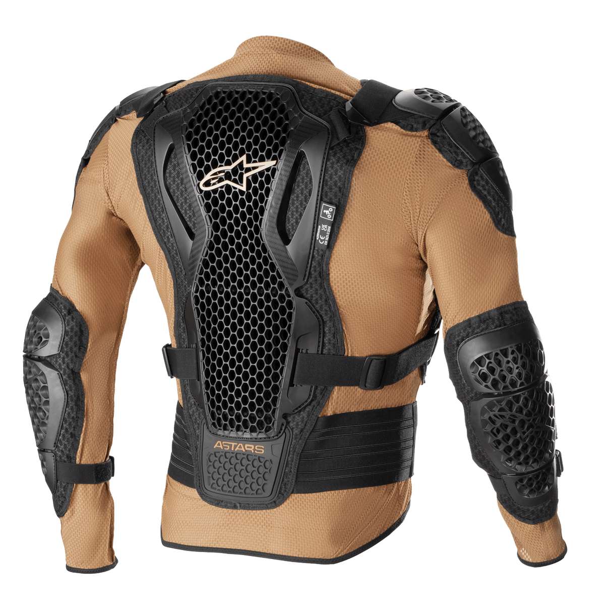 Alpinestars Bionic Action V2 Protection Jacket, Sand Black and Tangerine, back view showing the Cell Technology back protector with honeycomb design, integrated shoulder and elbow armor, and breathable tan mesh construction.