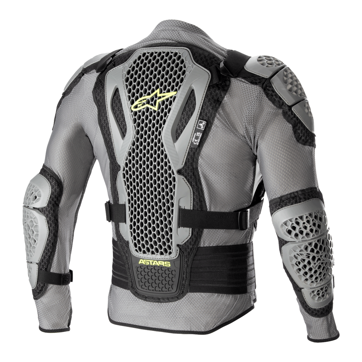 Alpinestars Bionic Action V2 Protection Jacket, Rear view, Gray and Black with Yellow Fluo accents, featuring highly perforated Cell Technology back, shoulder, and elbow protectors, gray mesh chassis with black adjustable straps and yellow Astars branding