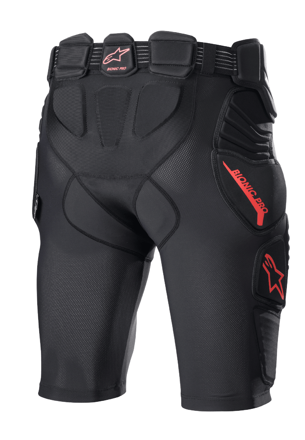 Alpinestars Bionic Pro Protektorenshorts, Motocross-Schutzhose, Schwarz und Rot, Rückansicht mit integrierter Hüft- und Oberschenkelpolsterung, atmungsaktive Mesh-Konstruktion, rotes Alpinestars-Logo und Branding, schützende Basisschicht für den Offroad-Einsatz