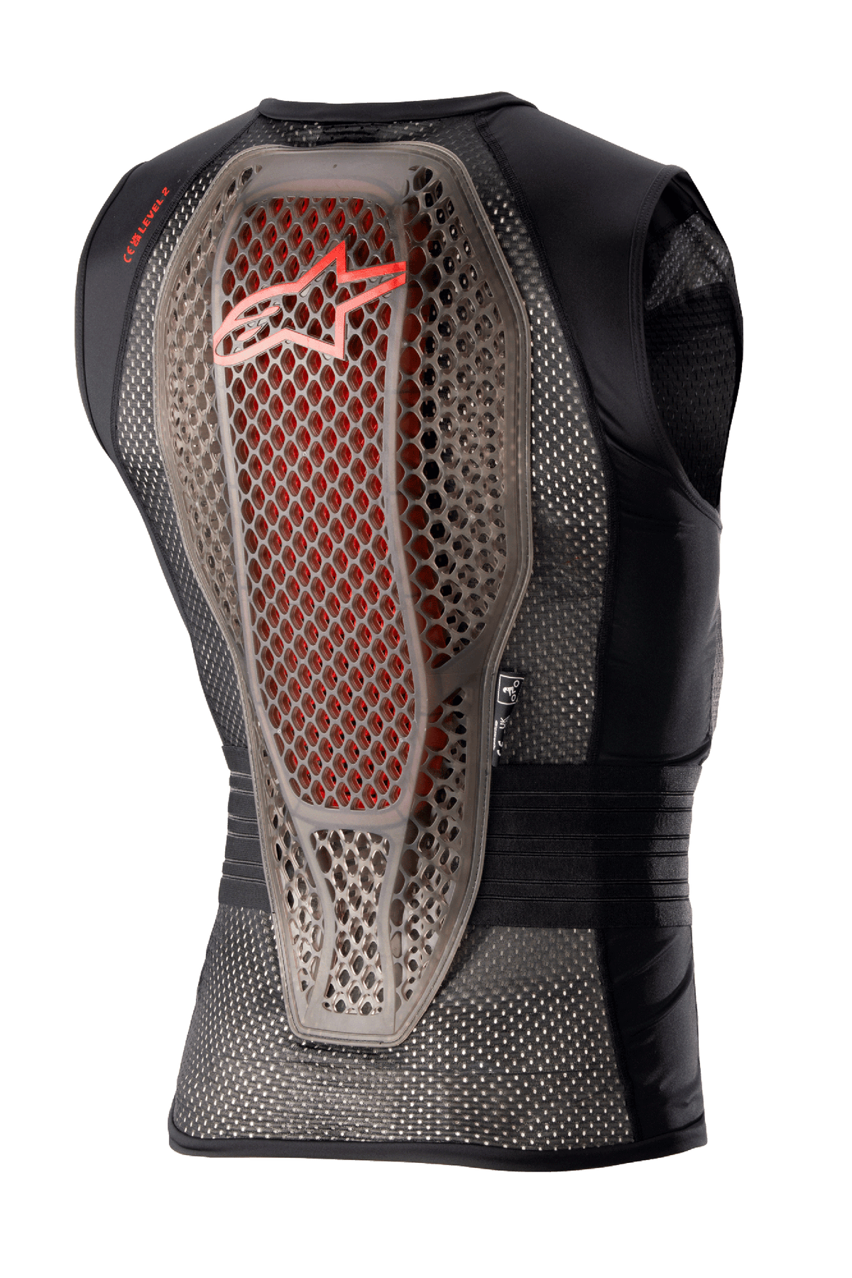 Alpinestars Nucleon Flex Pro Schutzweste, Motorrad-Schutzweste, Transparent Smoke Rot Schwarz, Rückansicht mit Hybrid-Cell-Struktur-Rückenprotektor und roten Akzenten, belüftetes schwarzes Mesh-Chassis, ergonomisches Sicherheitsdesign