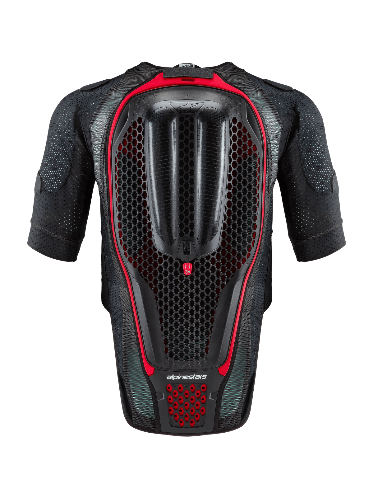 Alpinestars Tech-Air® 7X System, Autonomous Motorcycle Airbag Vest, Black and Red, rear view showing the integrated honeycomb back protector and ventilated mesh construction for track and road riding.