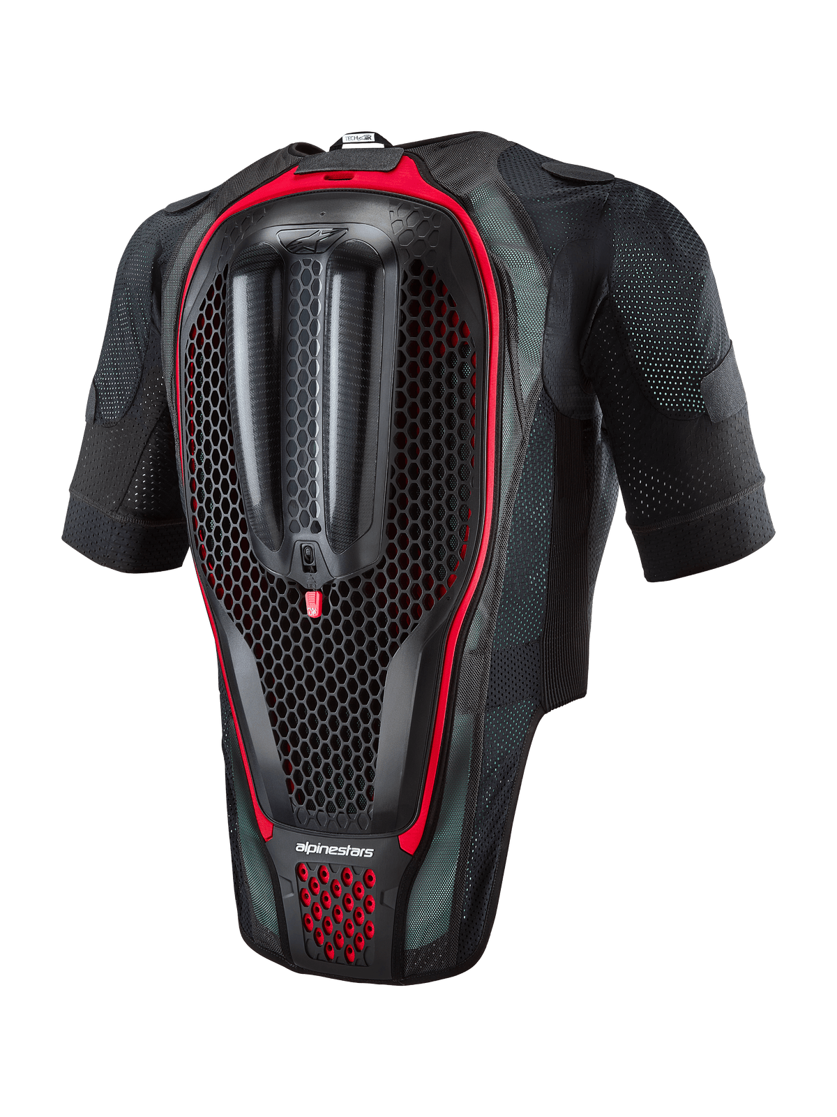 Alpinestars Tech-Air® 7X System, motorcycle airbag vest, rear view showing the integrated back protector with honeycomb texture, black mesh fabric with red highlights, ergonomic safety gear for road racing and track days