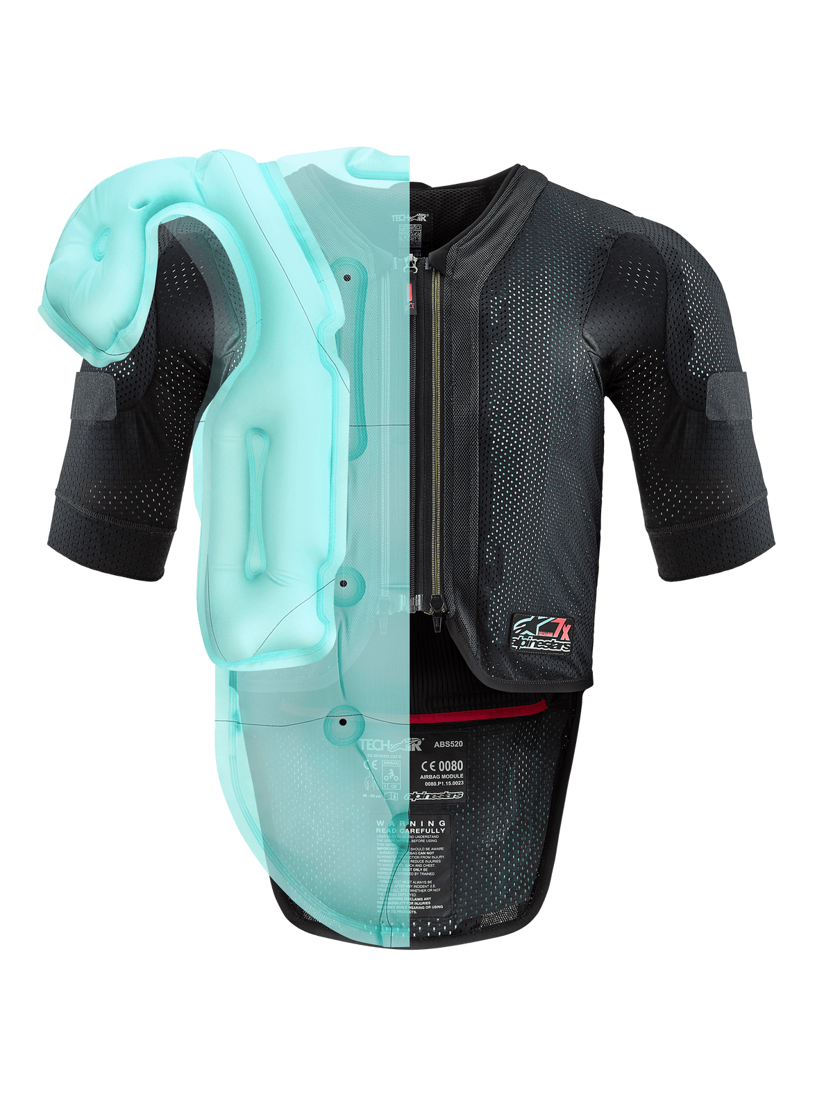 Alpinestars Tech-Air® 7X System, autonomous motorcycle airbag vest, black mesh chassis featuring a light blue translucent visualization of the internal airbag bladder, technical protective gear with short sleeves and integrated back protector