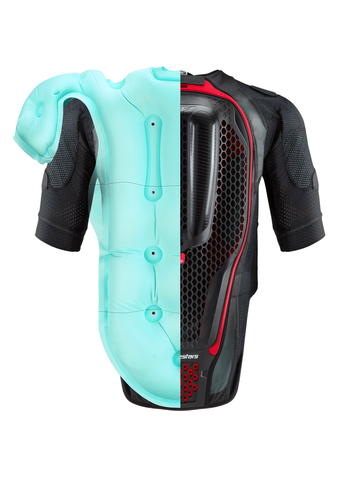 Alpinestars Tech-Air® 7X System, Motorcycle Airbag Vest, Black and Red, back view featuring a split visual of the light blue inflated airbag bladder and the internal honeycomb back protector, high-performance protection for track and street.