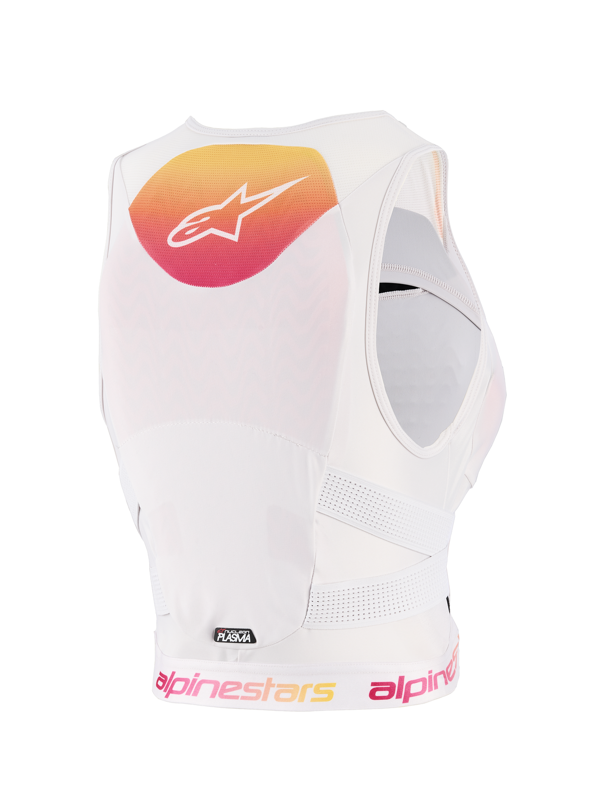 Alpinestars Stella PLASMA Damen Brustprotektor, Light Lilac Fade White, Rückansicht mit einer gelb-rosa Verlaufs-Grafik und weißem Logo, weißer atmungsaktiver Mesh-Konstruktion und perforierten Seitenriemen für Offroad-Schutz.