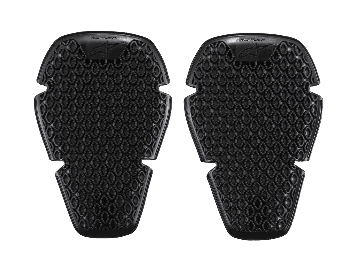 Alpinestars Bioflex Knieschutz, Knieprotektoren, Schwarz, Paar schlanke Schutzeinsätze mit verbundener Zellstruktur und rautenförmiger Belüftung, leichtes ergonomisches Design für Aufprallschutz, Alpinestars-Logo und Bioflex-Branding oben