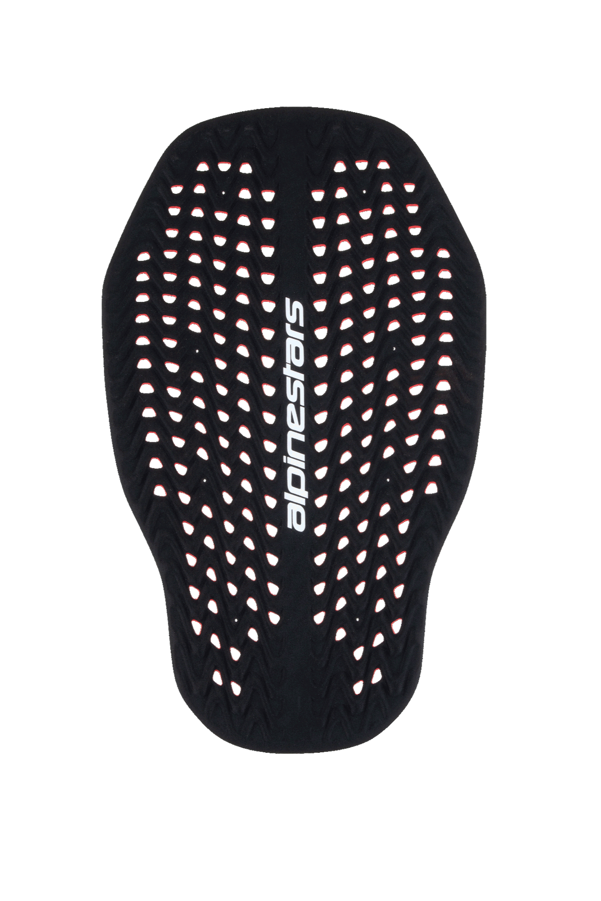 Alpinestars Nucleon Plasma Rückenprotektor-Einsatz, Motorrad-Rückenprotektor in Schwarz und Rot, hochperforierte Wabenstruktur für Belüftung, vertikaler weißer Alpinestars-Schriftzug, leichter und anpassungsfähiger Level 2 CE-zertifizierter Aufprallschutz