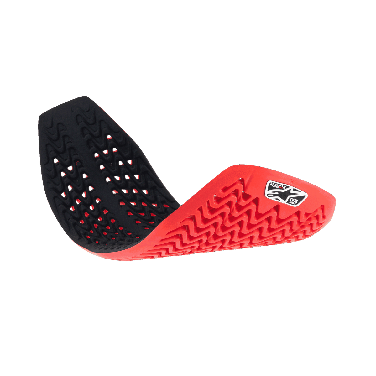 Alpinestars Nucleon Plasma Full Back Protector Insert, Red and Black, flexible motorcycle back protector shown curved to demonstrate pliability, featuring a ventilated honeycomb structure and wavy patterns for impact absorption and breathability