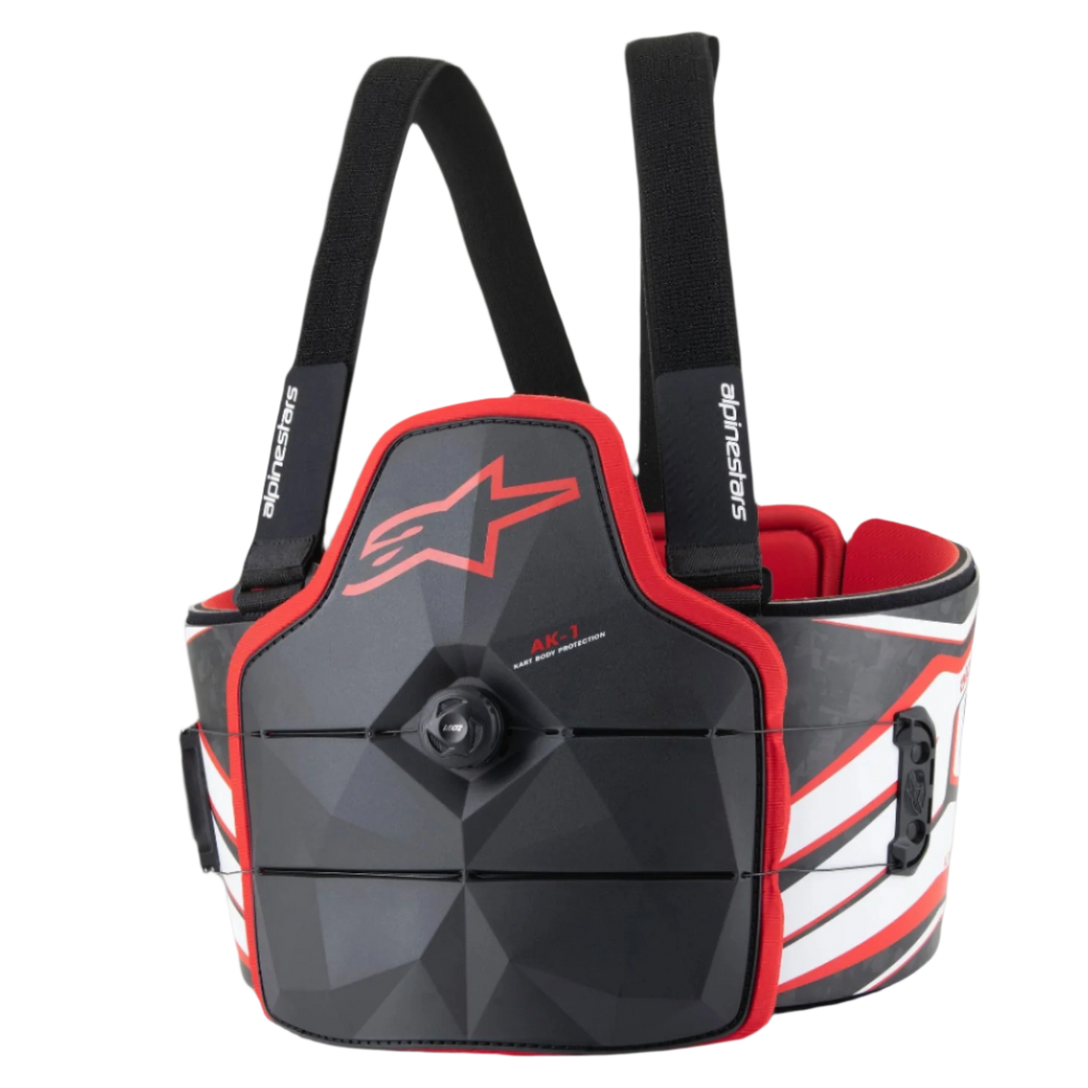 Alpinestars AK-1 Kart Körperschutz, Kart-Oberkörperschutz, Schwarz, Weiß und Rot, mit Schnellschnürsystem-Drehverschluss, Rippenpaneelen mit Carbonfaser-Textur und rotem Astars-Logo, professionelle FIA-homologierte Schutzausrüstung