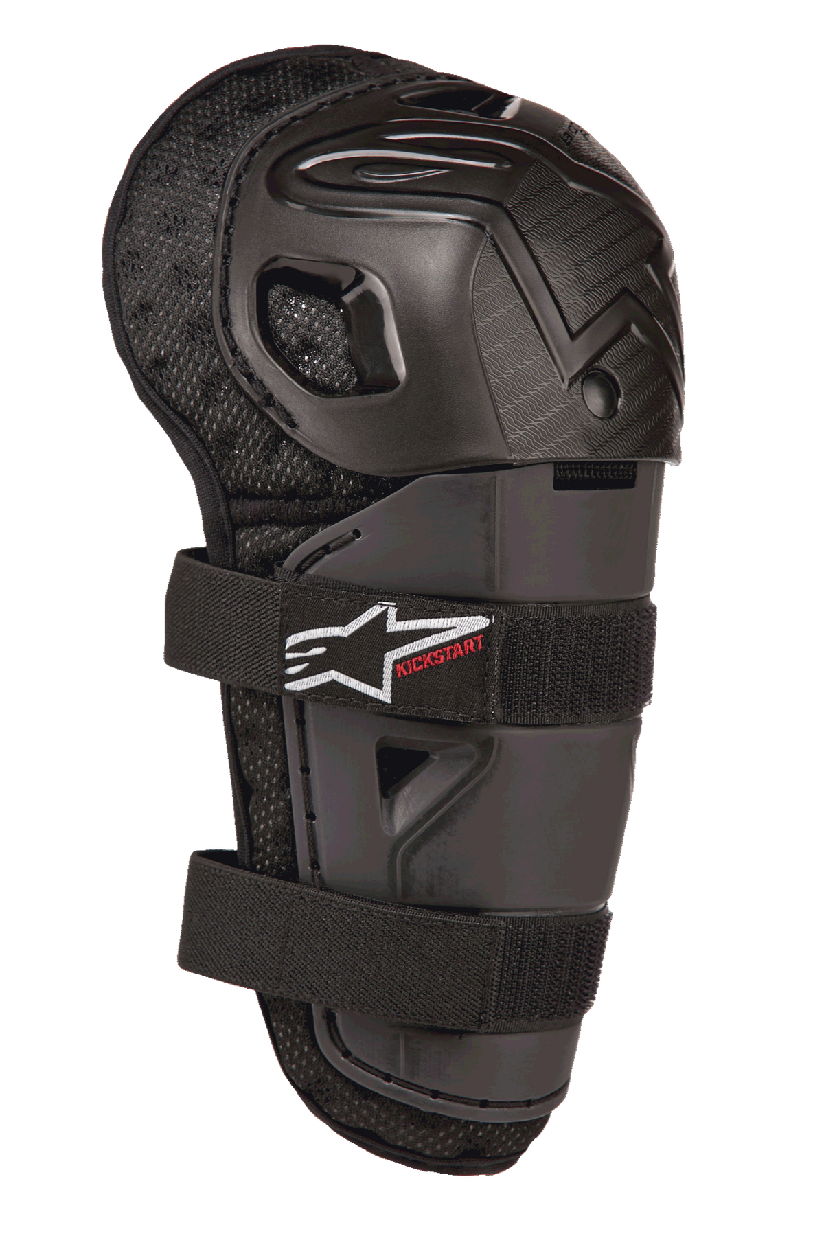Alpinestars Bionic Action Kickstart Knee Guard, Youth Motocross Knee and Shin Protector, Black, featuring articulated plastic shell, double elasticated strap closure with white logo and red Kickstart branding, padded mesh backing for off-road protection