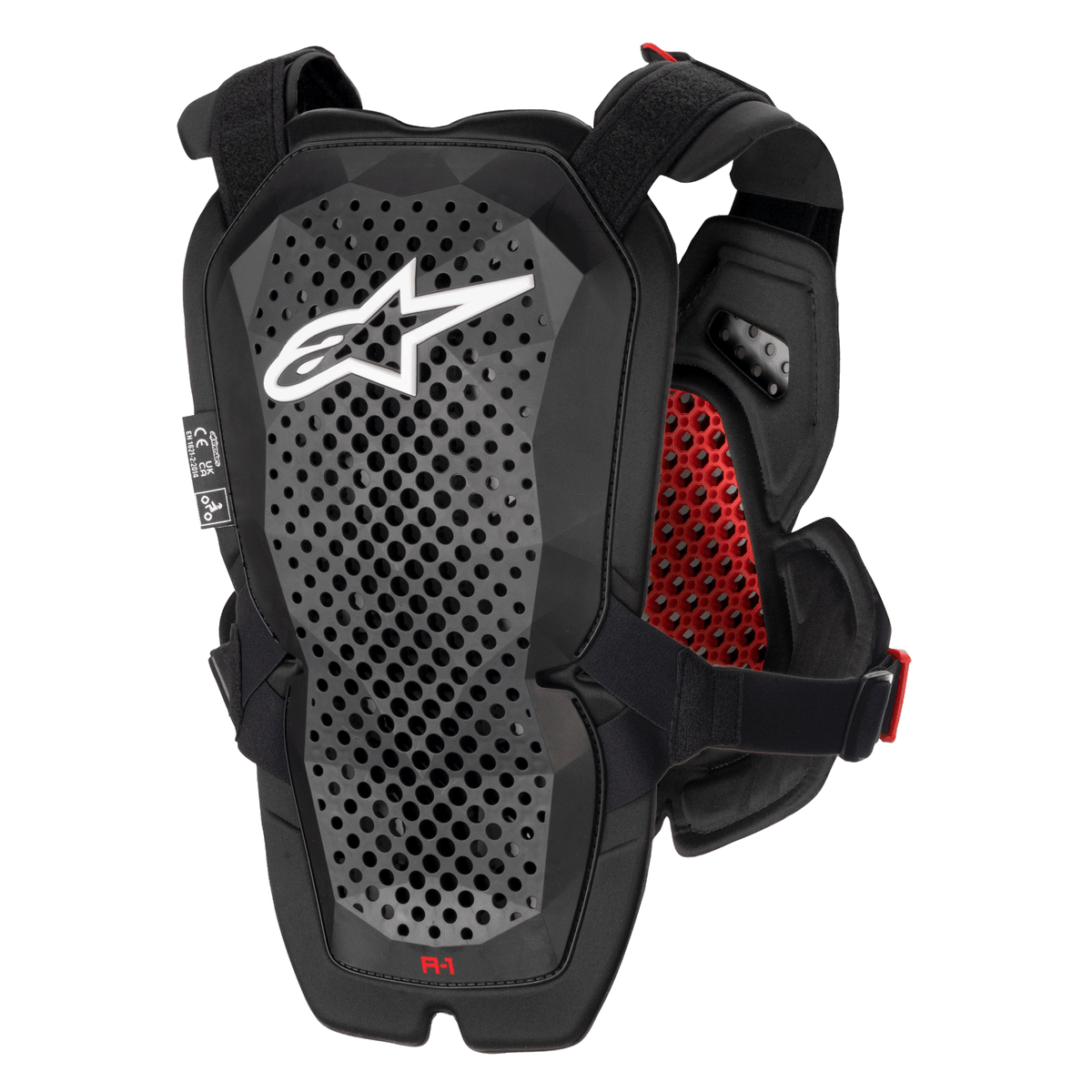 Alpinestars A-1 Pro Brustschutz, Anthrazit-Schwarz und Rot, Rückansicht mit dem Rückenprotektor-Panel, perforierte Polyeder-Technologie zur Belüftung, weißes Astars-Logo, rote Wabenpolsterung im Inneren, Offroad-Motorradschutzausrüstung