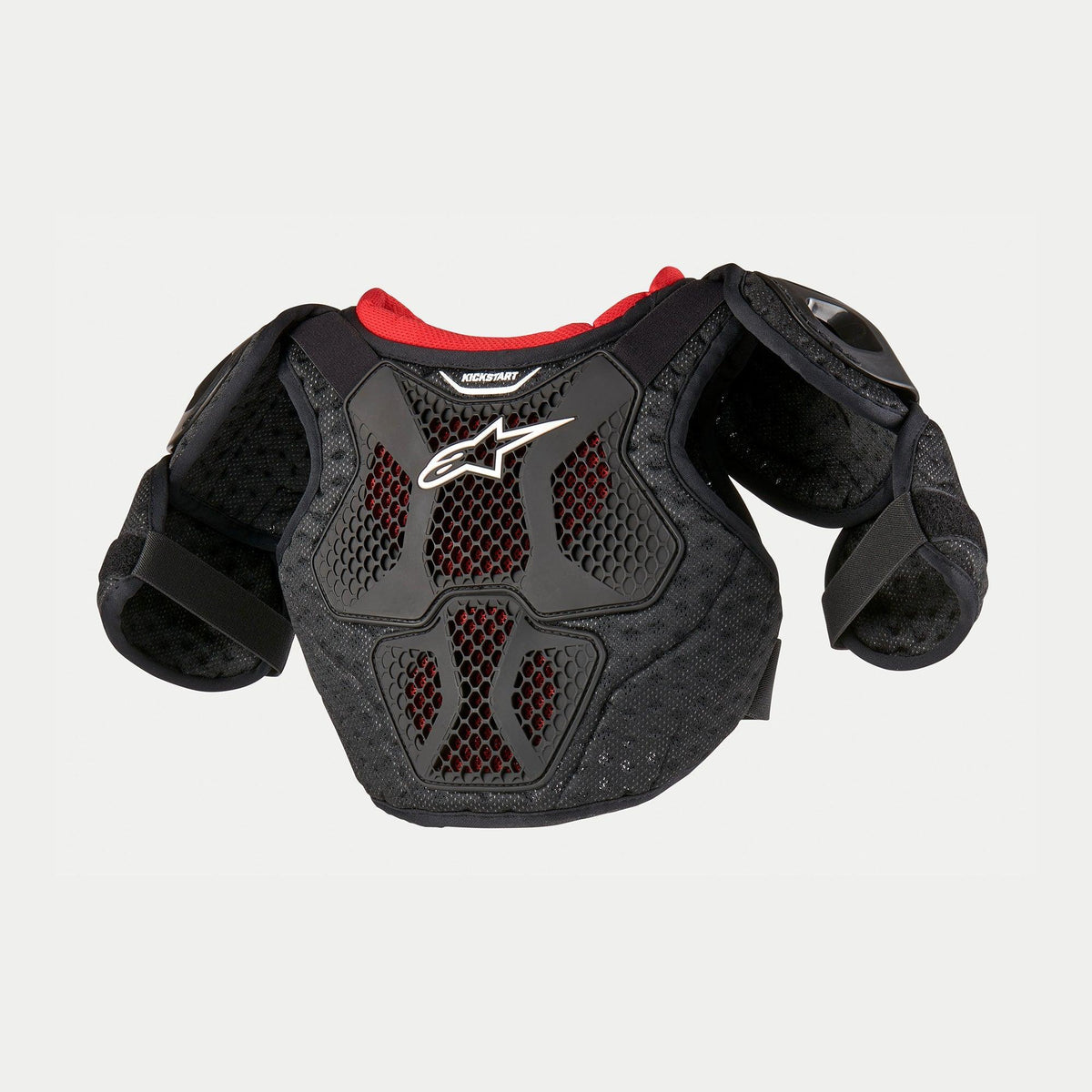 Alpinestars Youth Bionic Action Kickstart Brustschutz, Motocross-Brustprotektor, Schwarz und Rot, halbstarre TPR-Platten mit belüftetem Wabennetz, weißes Alpinestars-Logo, Schulter- und Bizepsschutz.