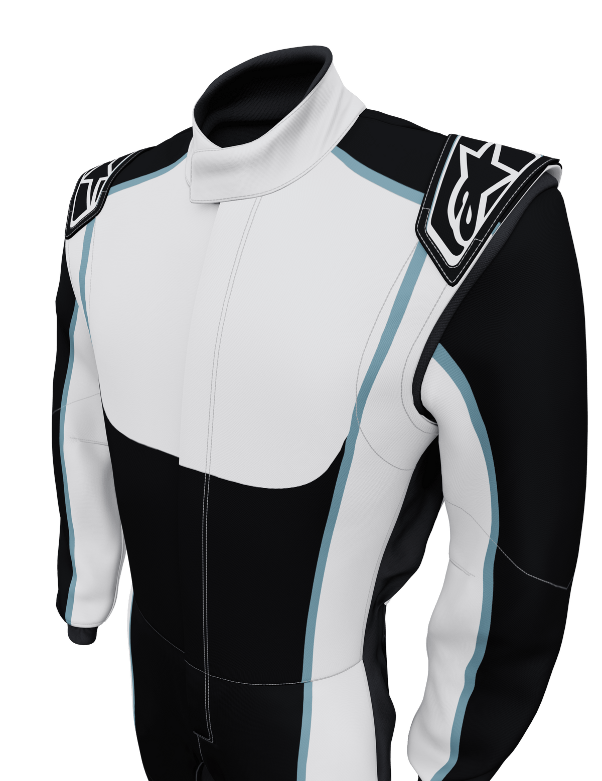 Alpinestars Tech Vision V3 Maßanzug, Auto-Rennanzug, Schwarz und Weiß mit hellblauen Akzenten, Schulterepauletten mit Alpinestars-Logo, professionelles Motorsport-Design