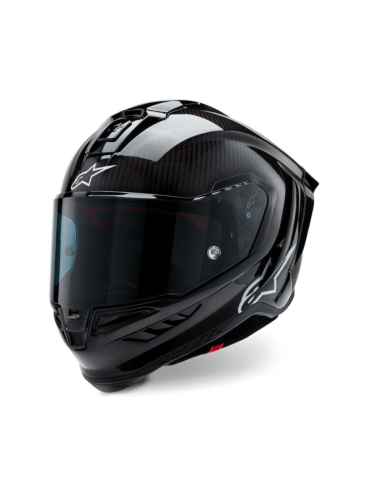 Alpinestars Supertech R10 Solid Helm, Motorrad-Rennhelm, Schwarz Carbon matt und glänzend, mit sichtbarem Carbon-Gewebe, dunkel getöntem Visier, weißen Astars-Logos, schlankes aerodynamisches Design