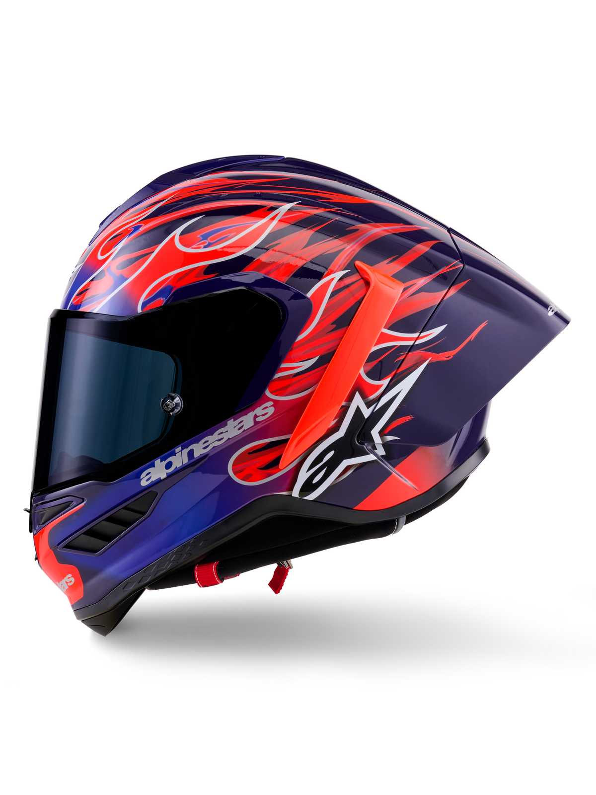 Alpinestars Supertech R10 Limited Edition Flyte Helm, Integral-Rennhelm, Lila und Rot glänzend mit Flammenmotiv, mit dunkel getöntem Visier und aerodynamischem Heckspoiler