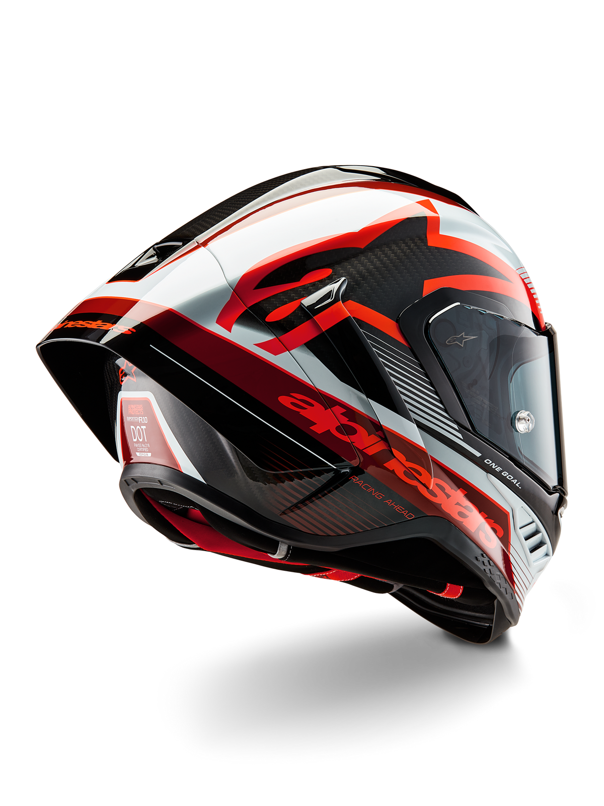 Alpinestars Supertech R10 Team Helm, Integral-Rennhelm, Schwarz Carbon, Rot und Weiß glänzend, aerodynamisches Design mit Heckspoiler und sichtbarer Kohlefaserstruktur, mit markanten Alpinestars-Logos und DOT-Zertifizierungslabel
