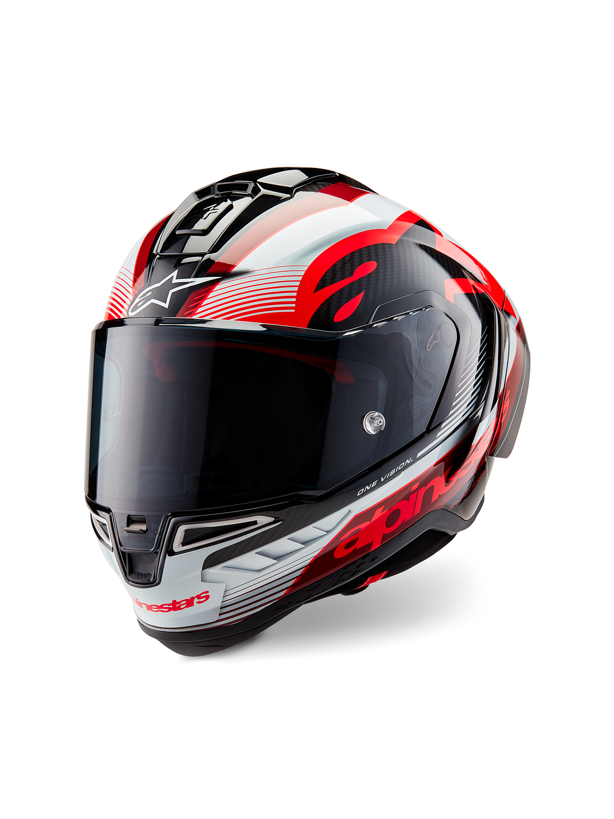 Alpinestars Supertech R10 Team Helm, Integral-Motorradhelm, glänzendes schwarzes Carbon mit roten und weißen Grafiken, aerodynamische Schale, mit markantem Alpinestars-Branding und getöntem Visier