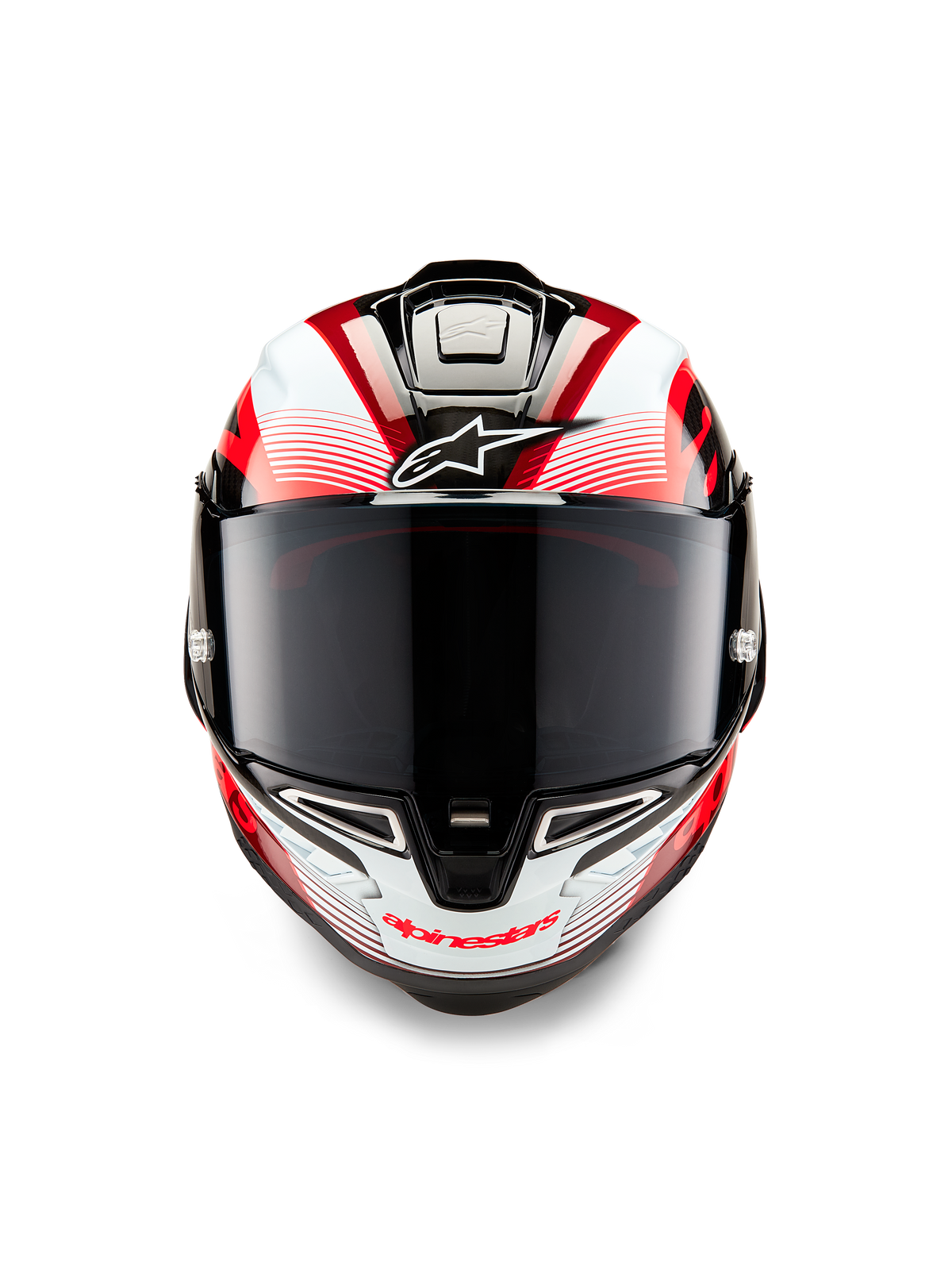 Alpinestars Supertech R10 Team Helm, Vorderansicht, Schwarz-Carbon, Rot und Weiß glänzend, mit dunkel getöntem Visier, weißes Astar-Logo auf der Stirn, rotes Alpinestars-Branding am Kinnbügel, aerodynamisches, renntaugliches Design mit aufwendigen Grafiken