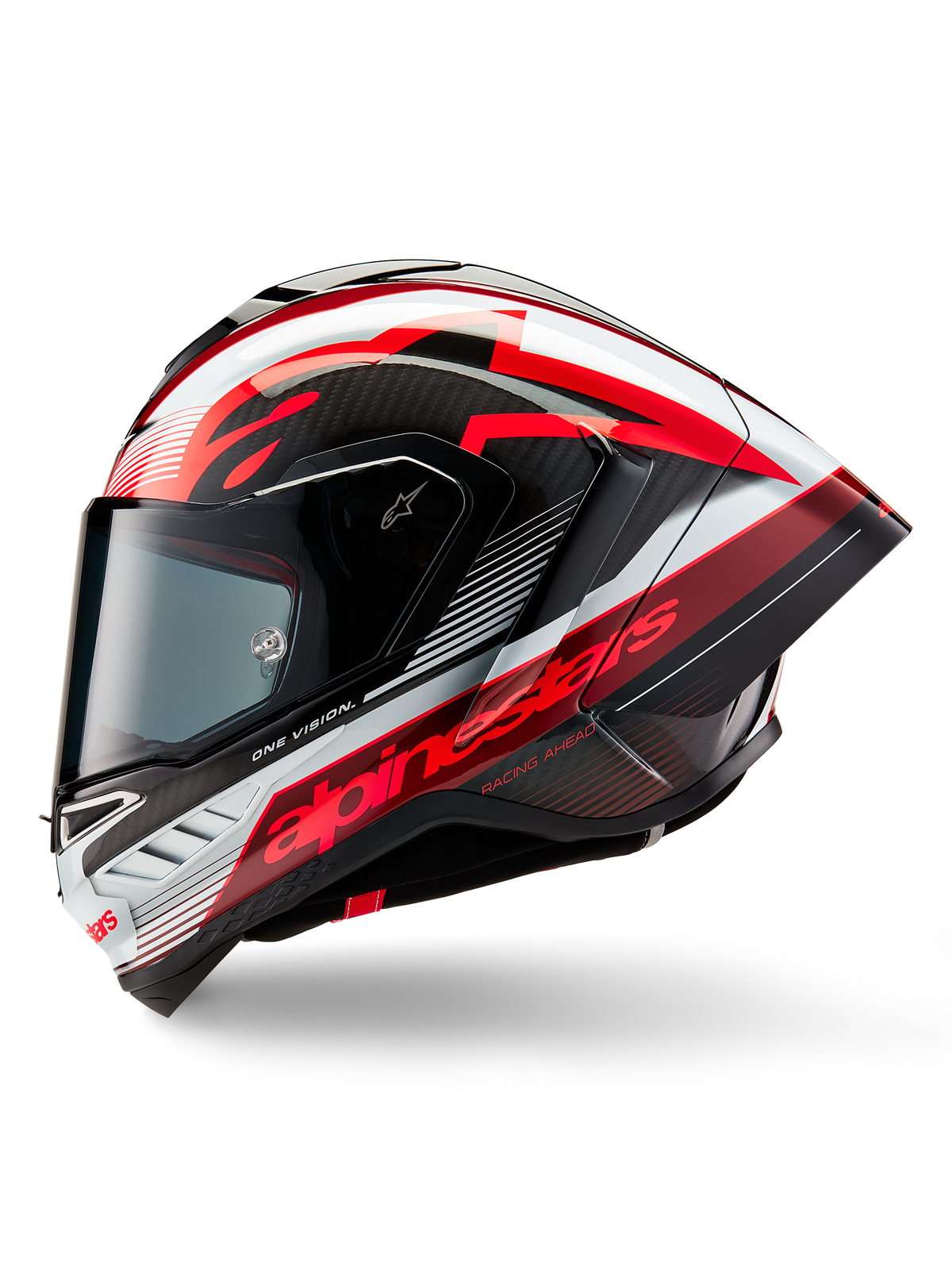 Alpinestars Supertech R10 Team Helm, Integral-Motorrad-Rennhelm, glänzendes Finish in Schwarz-Carbon, Rot und Weiß, Seitenprofil mit aerodynamischem Design, markantes rotes Branding mit 'One Vision' und 'Racing Ahead' Text, elegante Carbonfaser-Konstruktion für professionelle Performance.