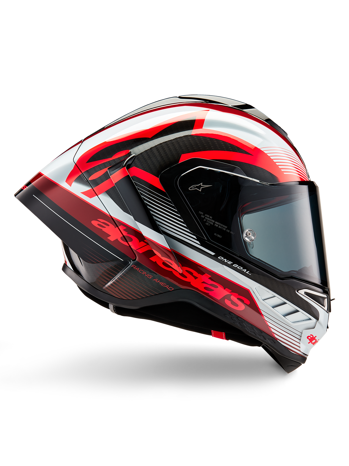 Alpinestars Supertech R10 Team Helm, Motorradrennhelm, Schwarz-Carbon mit roten und weißen glänzenden Grafiken, aerodynamische Profilansicht mit dunklem Visier, Kohlefaser-Details und markantem rotem Branding, Hochleistungs-Rennausrüstung