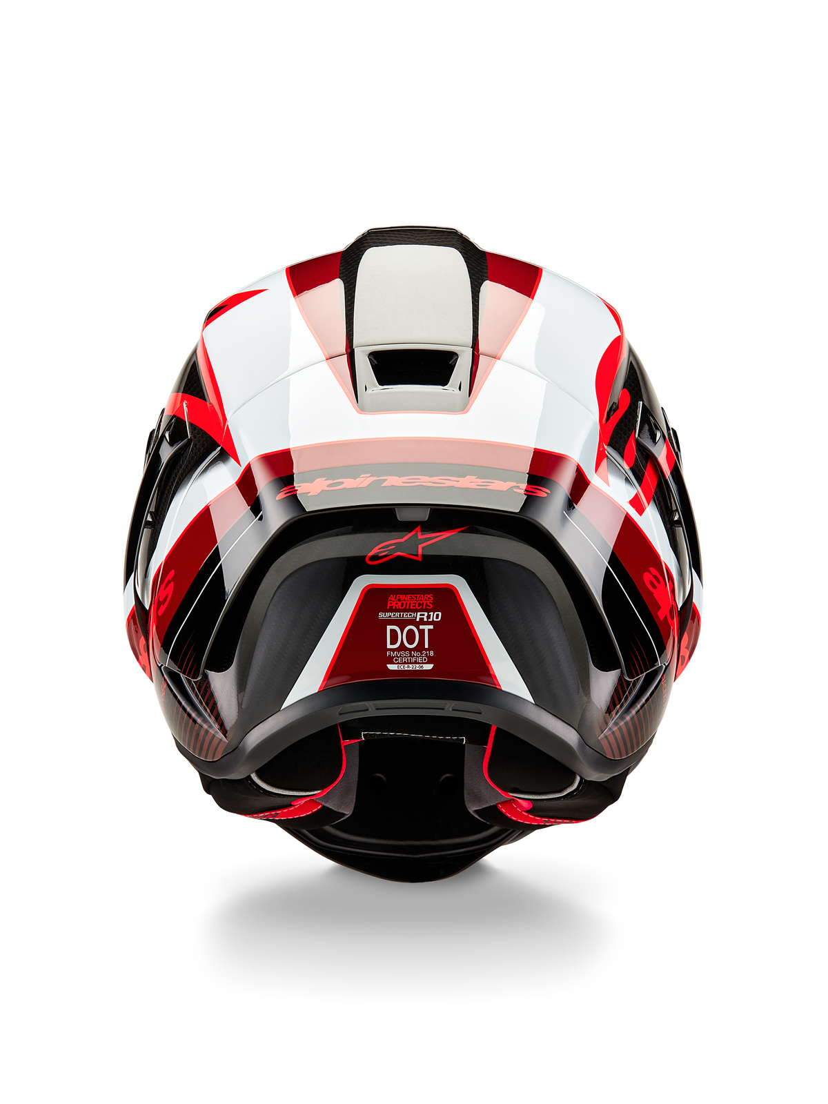 Alpinestars Supertech R10 Team Helm, Rückansicht, Schwarz Carbon Rot und Weiß glänzend, aerodynamisches Schalendesign mit markanten roten und weißen Paneelen, Alpinestars-Branding auf dem Spoiler und ein rotes Stern-Logo, professioneller Rennmotorradhelm